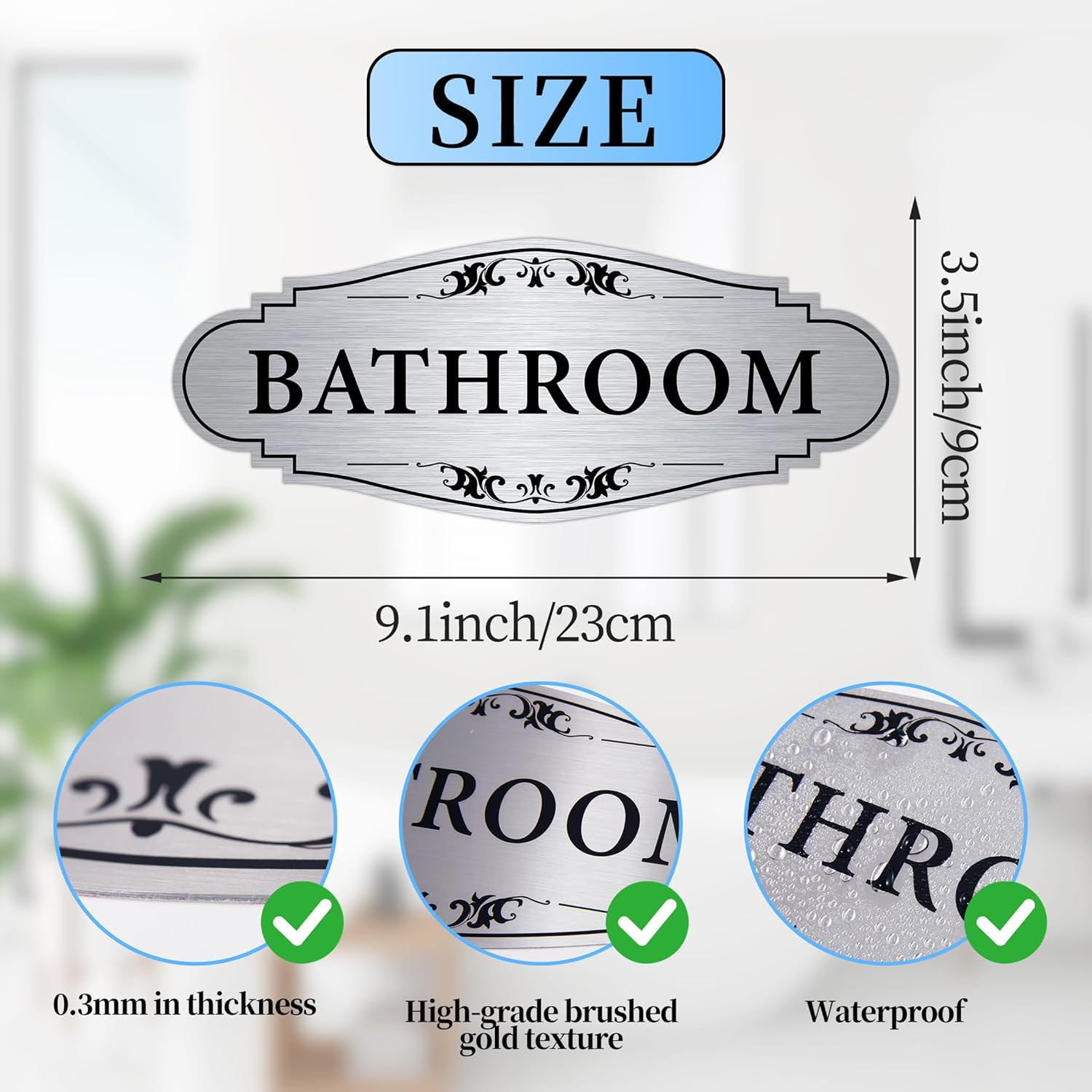 Bathroom Sign Sticker for Business and Home，Self-Adhesive Brushed Silver Cute Ba