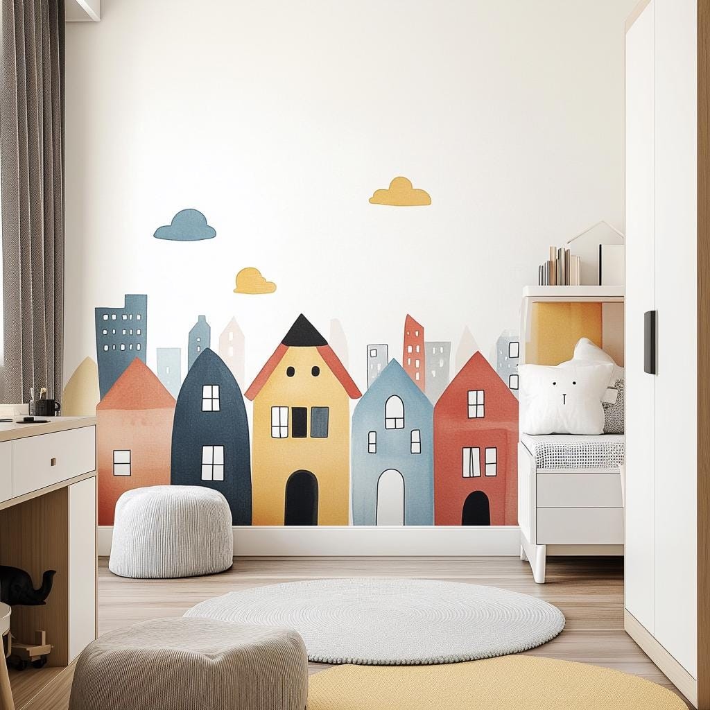 Colorful Town Wall Decal | Whimsical Cityscape Nursery Wall Sticker Art