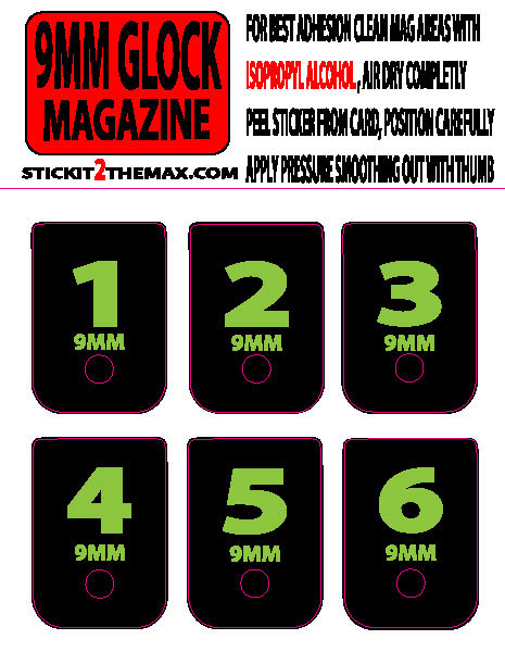 FITS GLOCK 9MM LIME NUMBERED 1-6 MAGAZINE BASE PLATE STICKERS,set of 6