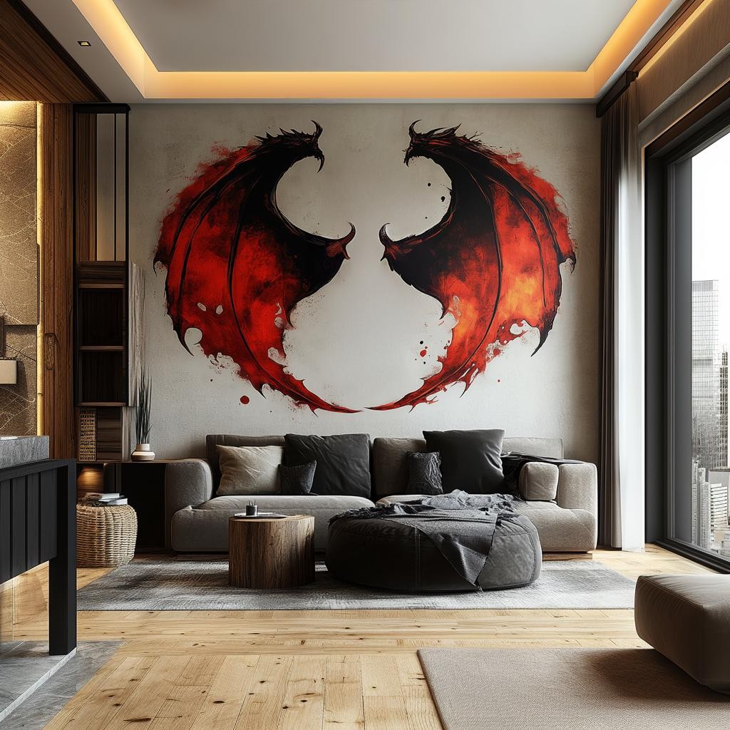 Dragon Wing Wall Sticker | Fiery Red and Black Fantasy Decal Decor | Wall Art