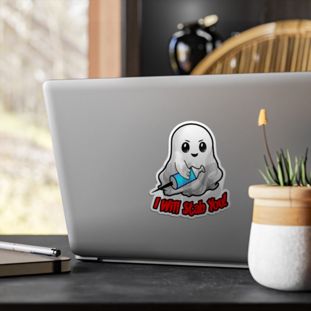Ghost w Vaccine Shot – I Will Stab You – Funny Sticker Laptop Decals – Set of 2