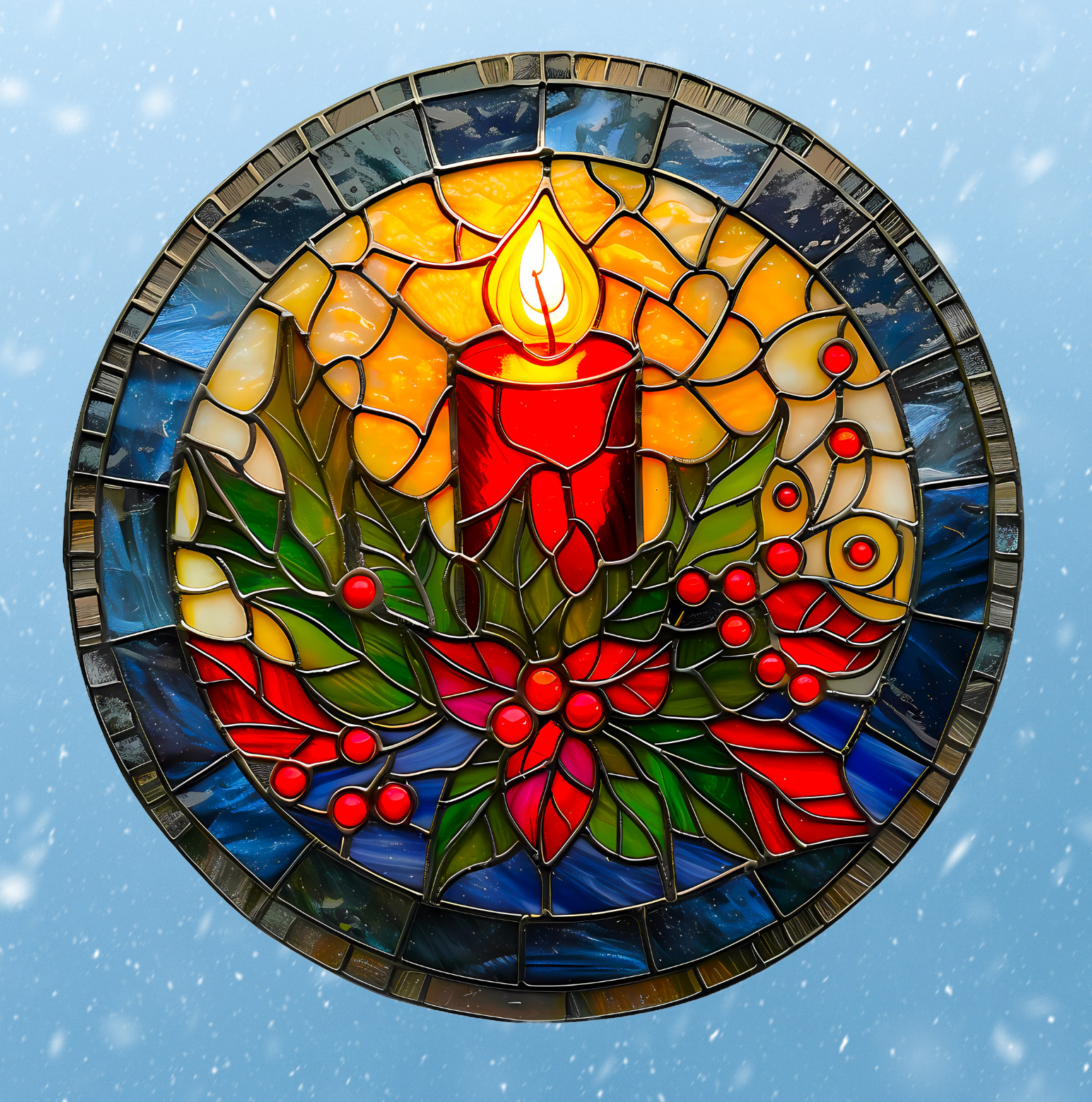 Christmas Candle & Holly Faux Stained Glass WINDOW CLING Size 8" Round Vinyl