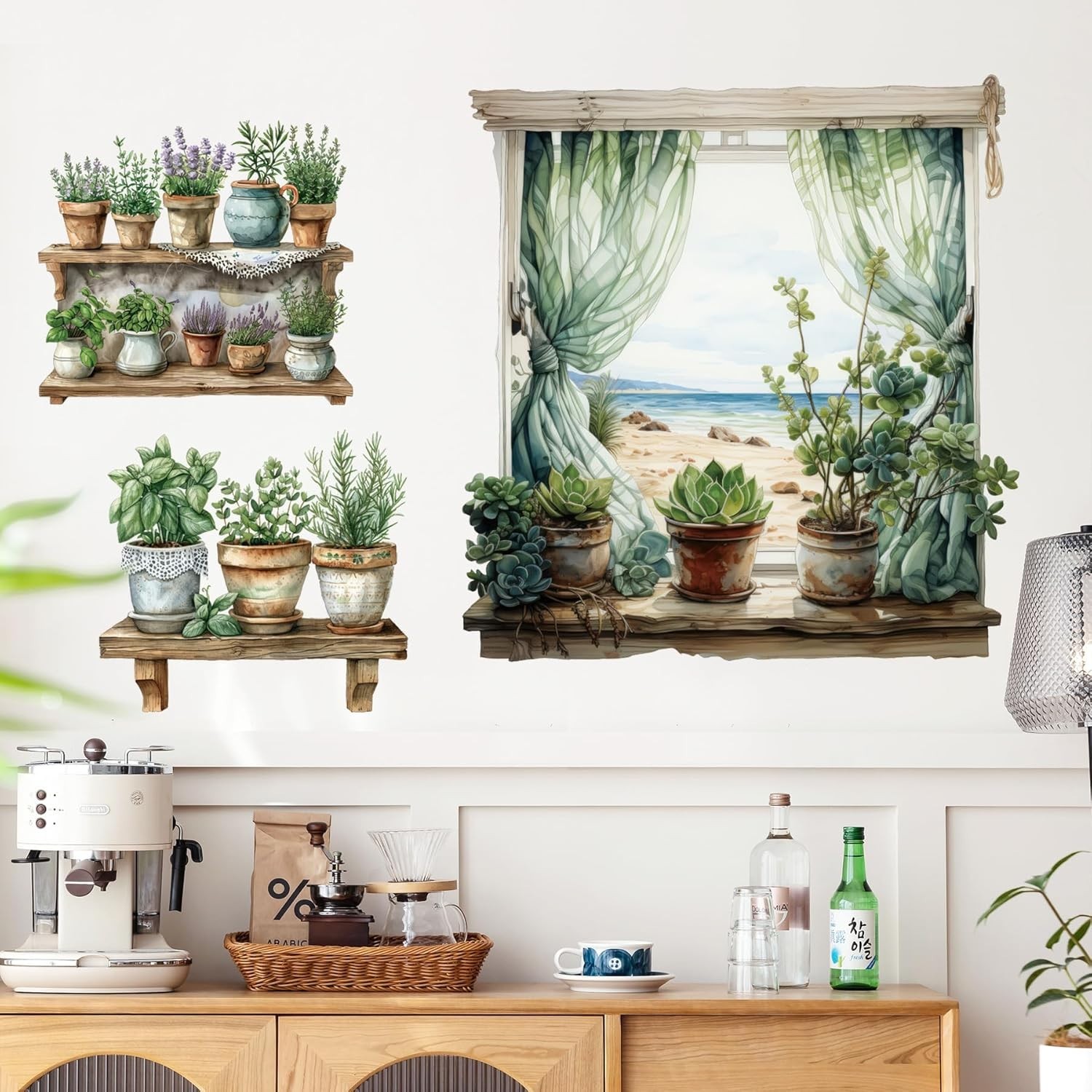 3D Potted Plant Fake Windows Wall Decals Green Plants Succulent Wall Stickers
