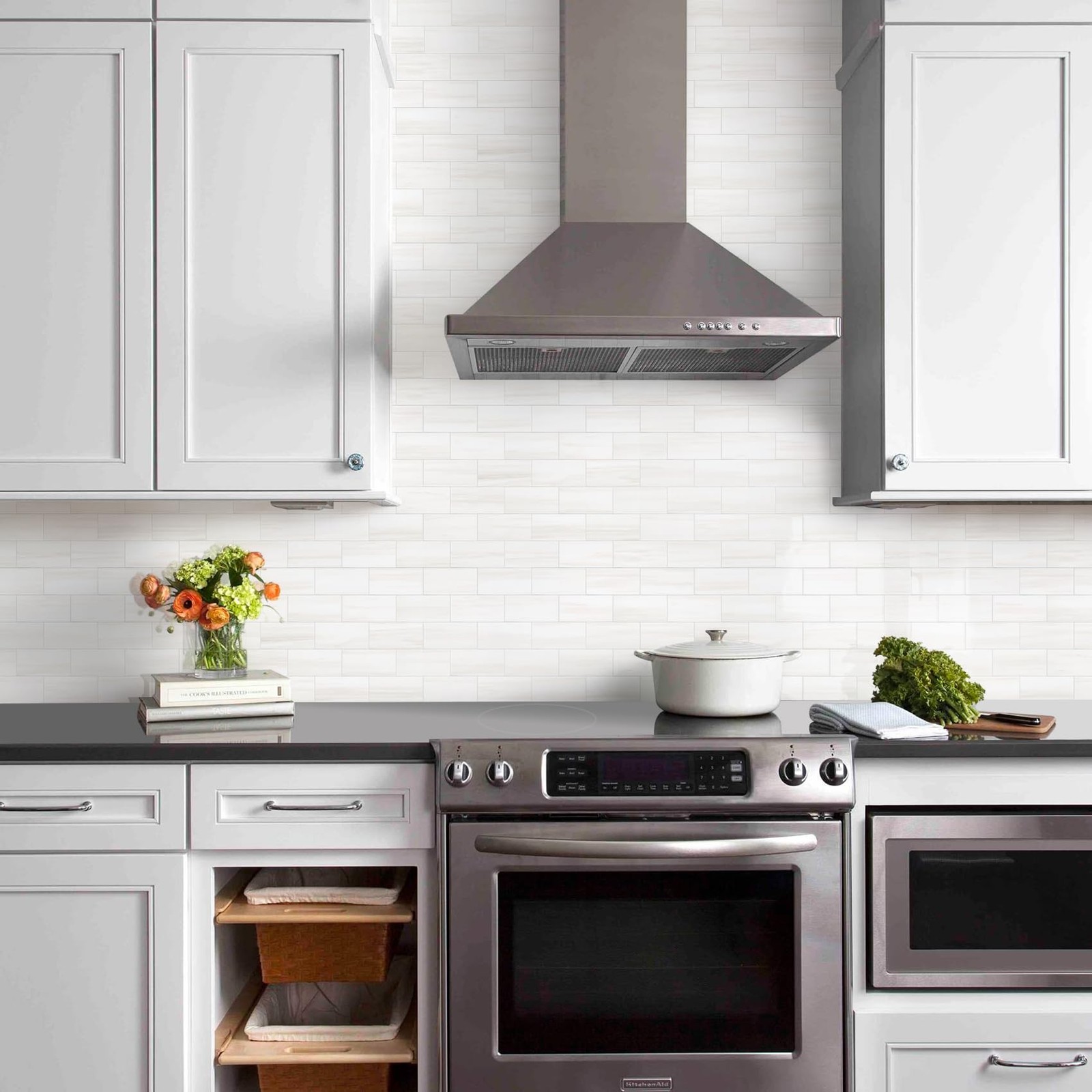 100-Piece Glossy Dolomite White Peel and Stick Backsplash Tile,3"x6" PVC Su…