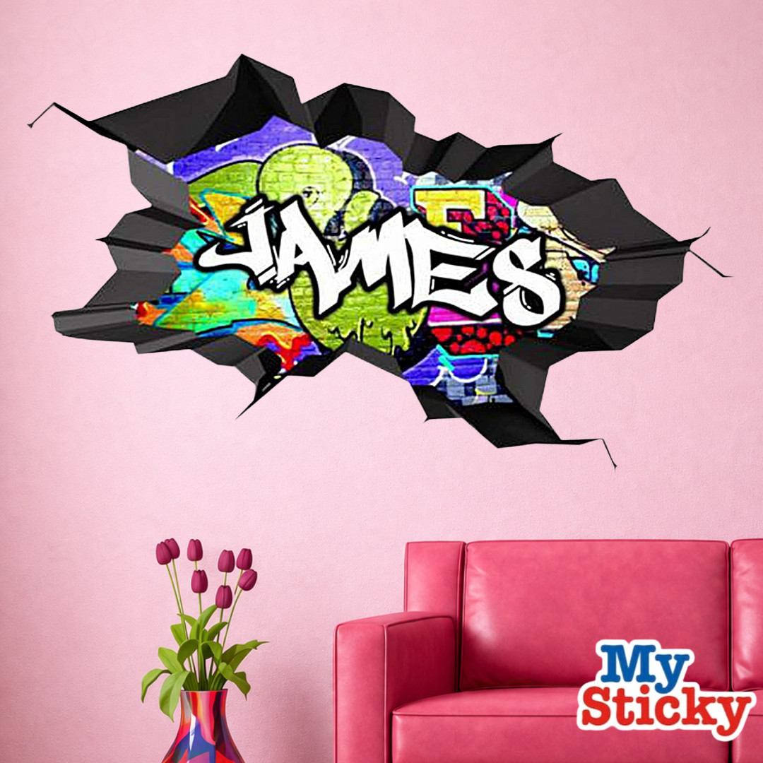 Custom Graffiti Name Wall Decal 3D Breakthrough Gamer Room Street Art Sticker