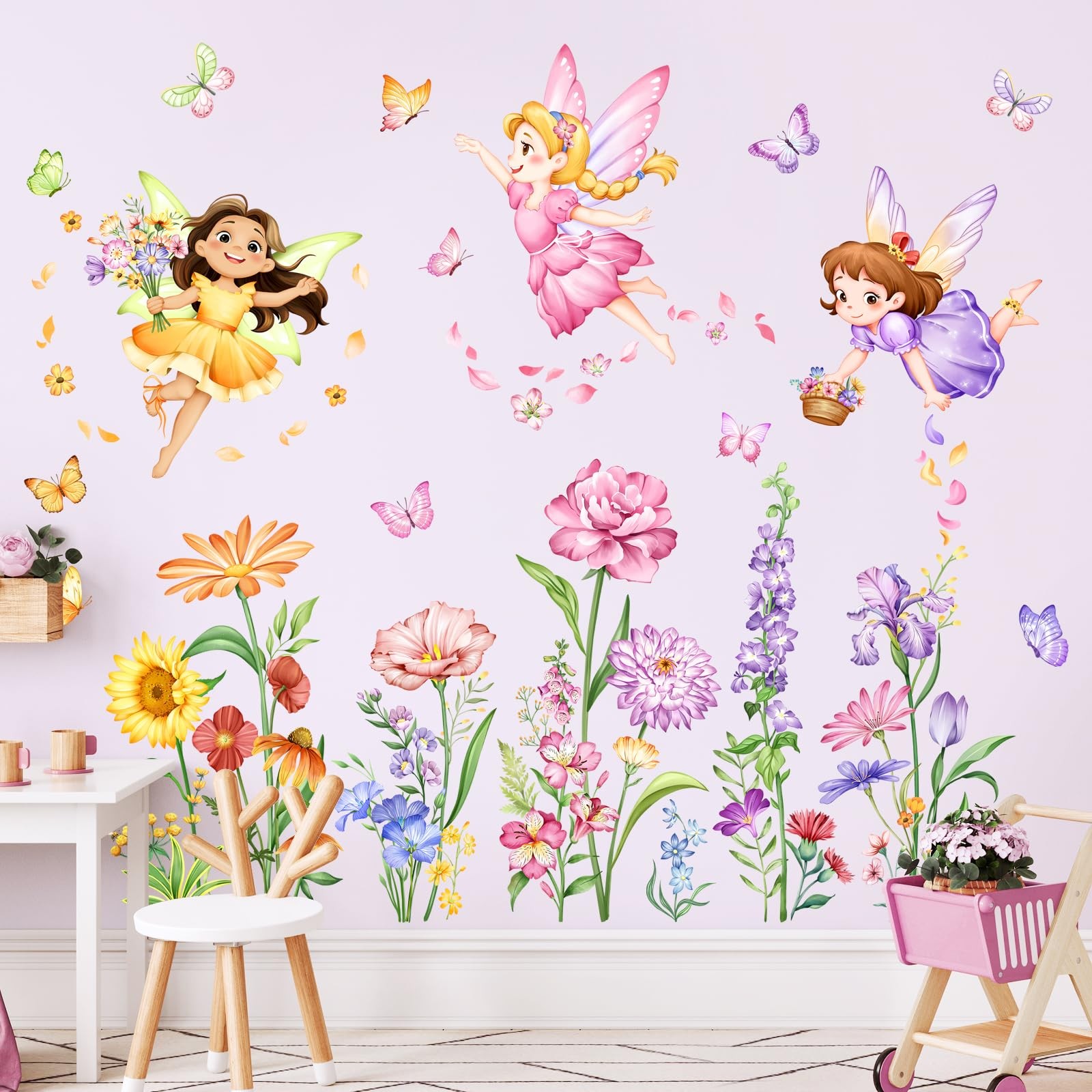 Flower Fairy Wall Decals Butterfly Girl with Wildflower Sunflower Wall Sticke…