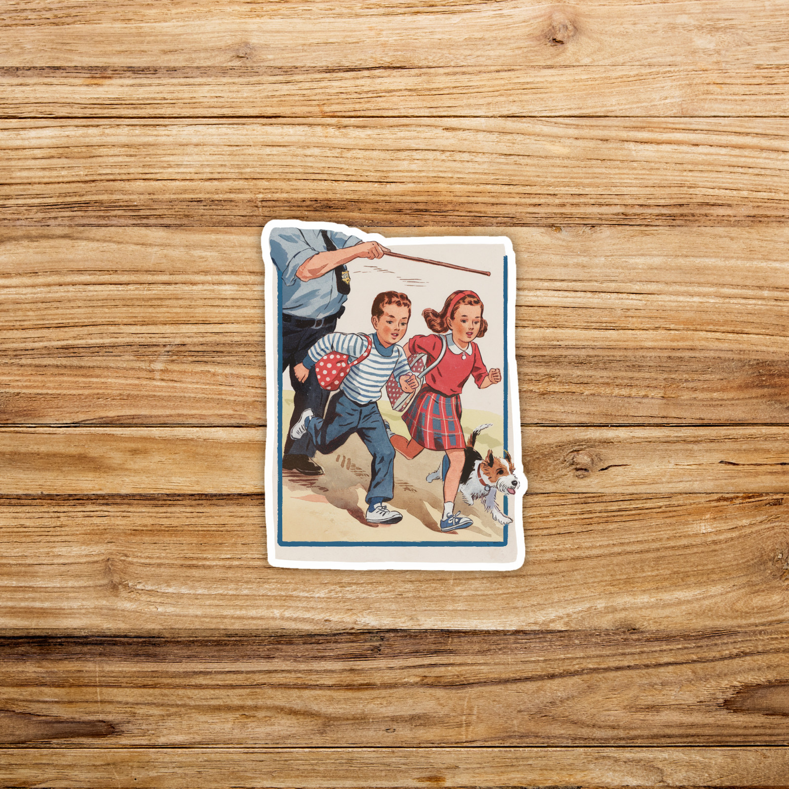 Vintage Sticker Art: Children Running Happily with Puppy, 1950s Illustration #99
