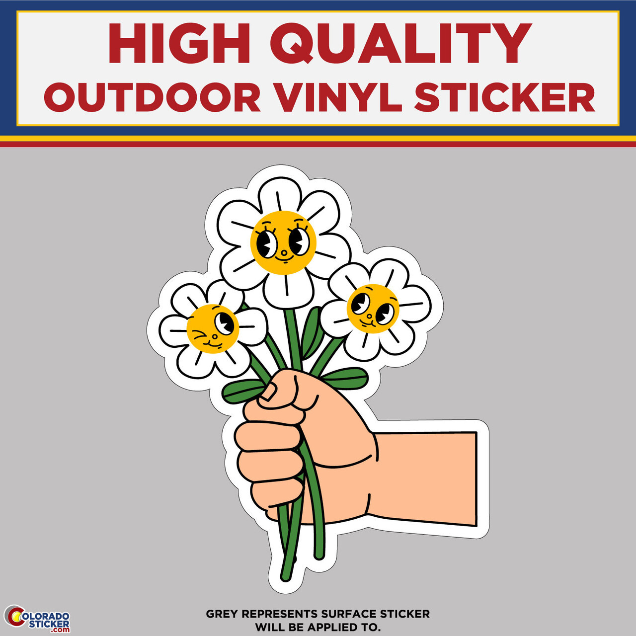 Hand Holding 3 Daisy Flowers, High Quality Vinyl Stickers