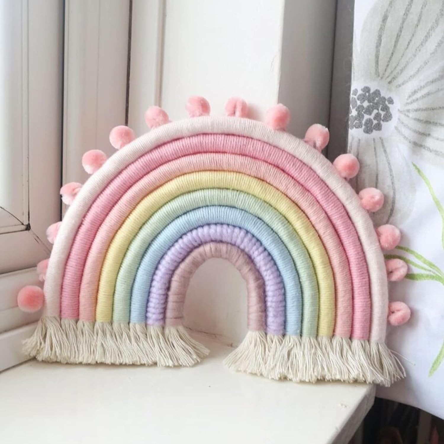 Large Macrame Rainbow Wall Hanging Decor Handmade Pom Pom Garland Rainbow Dec…
