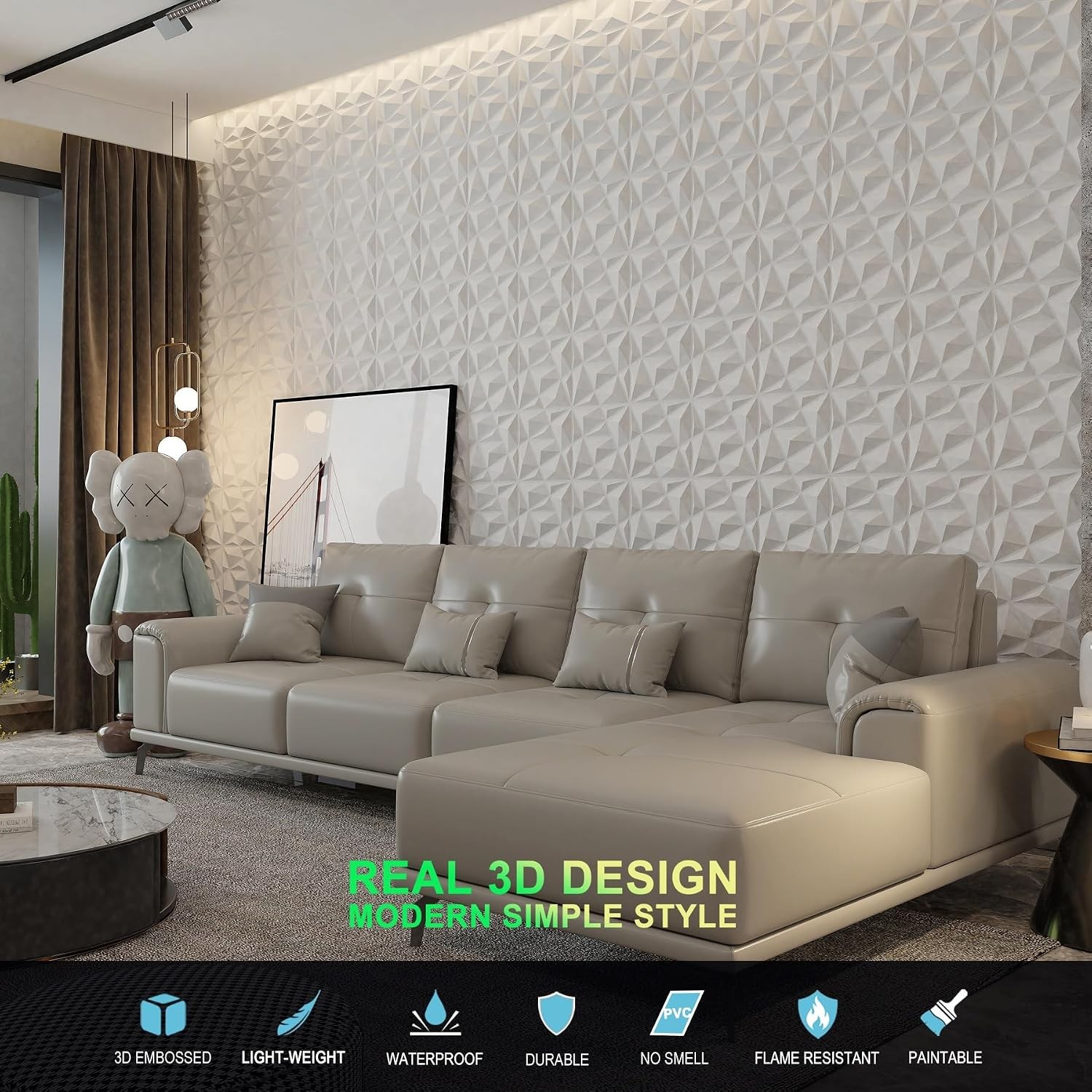 33 Pack 3D Wall Panels Modern Diamond Textured Design Interior Wall Decor in