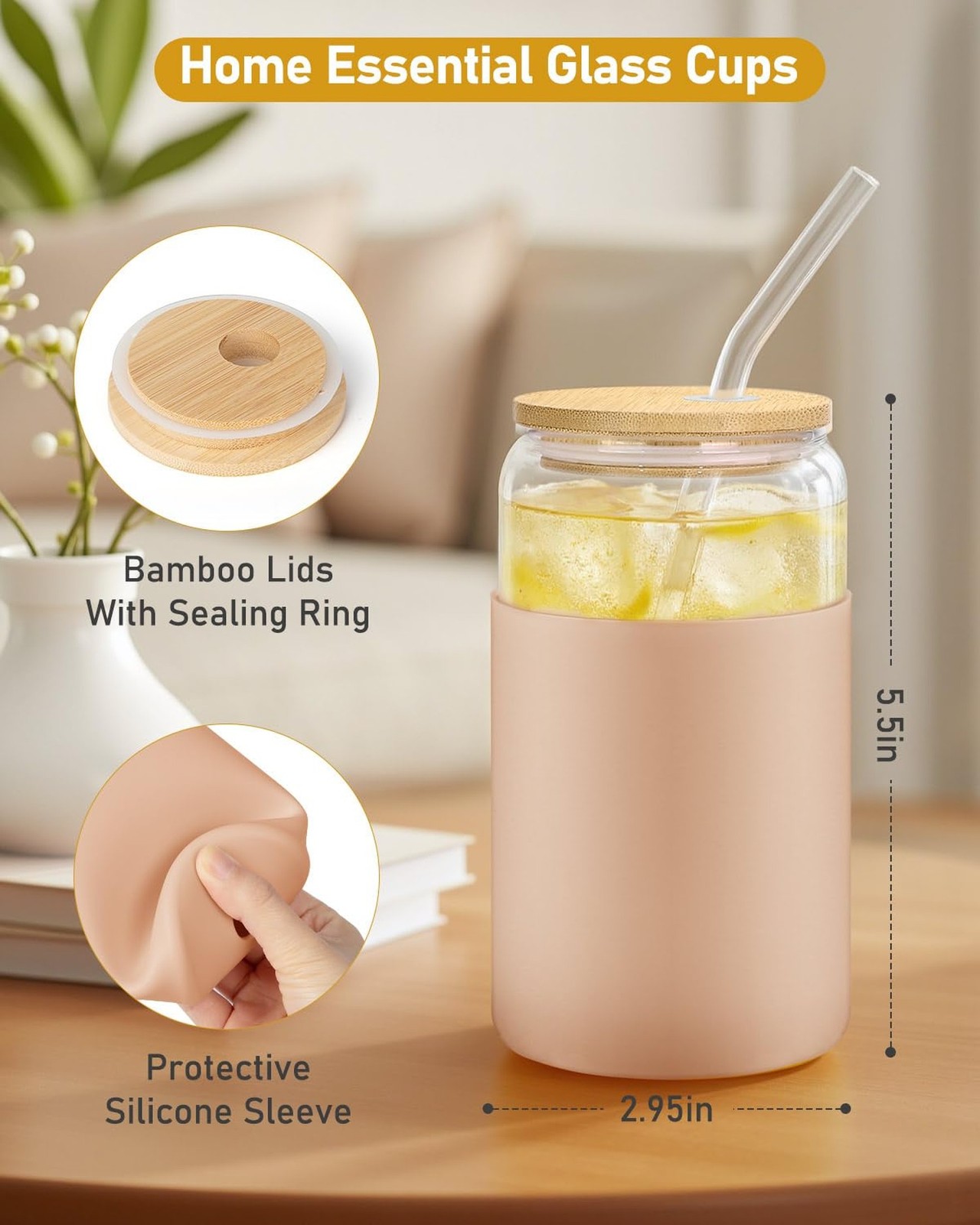 sungwoo Glass Cups with Lids and Straws, 4 Pack 16OZ Iced Coffee Cups with Si…