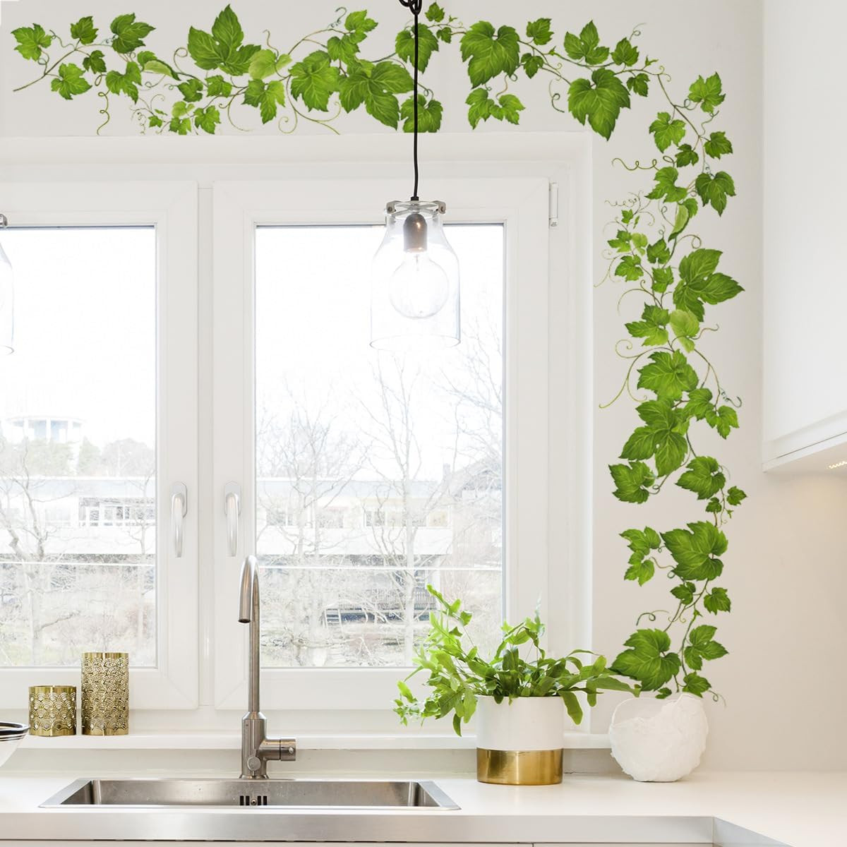 4 Pack Green Leafy Vine Wall Decals, Green Plants Leaves Wall Stickers for Kitch