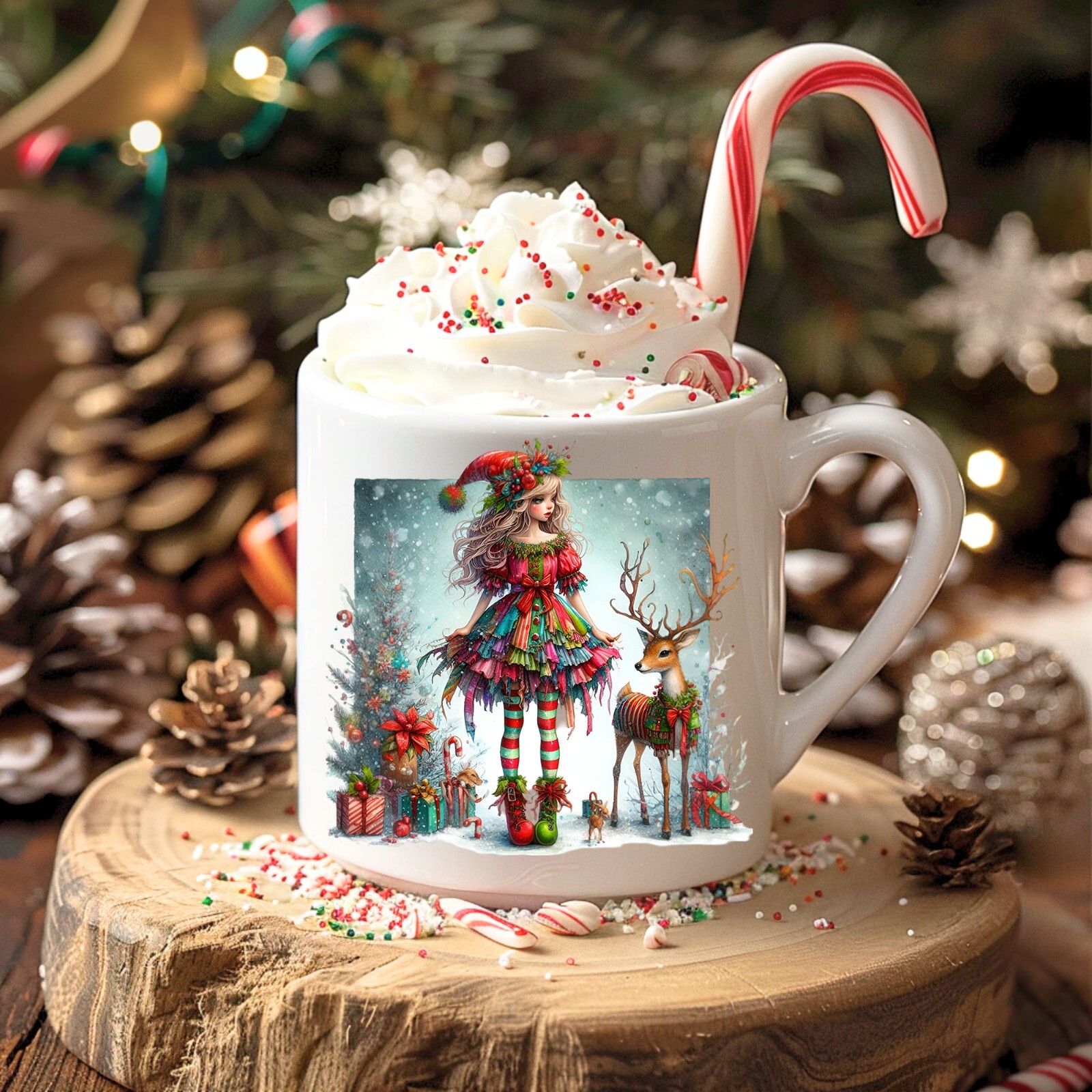 Christmas Girl Elf and Reindeer Five UV DTF Transparent Sticker / Decal