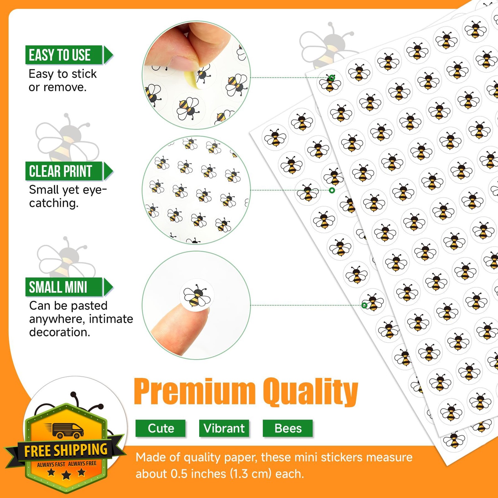 2400pc Mini Bee Stickers Yellow Self-Adhesive Decals 0.5 Inch