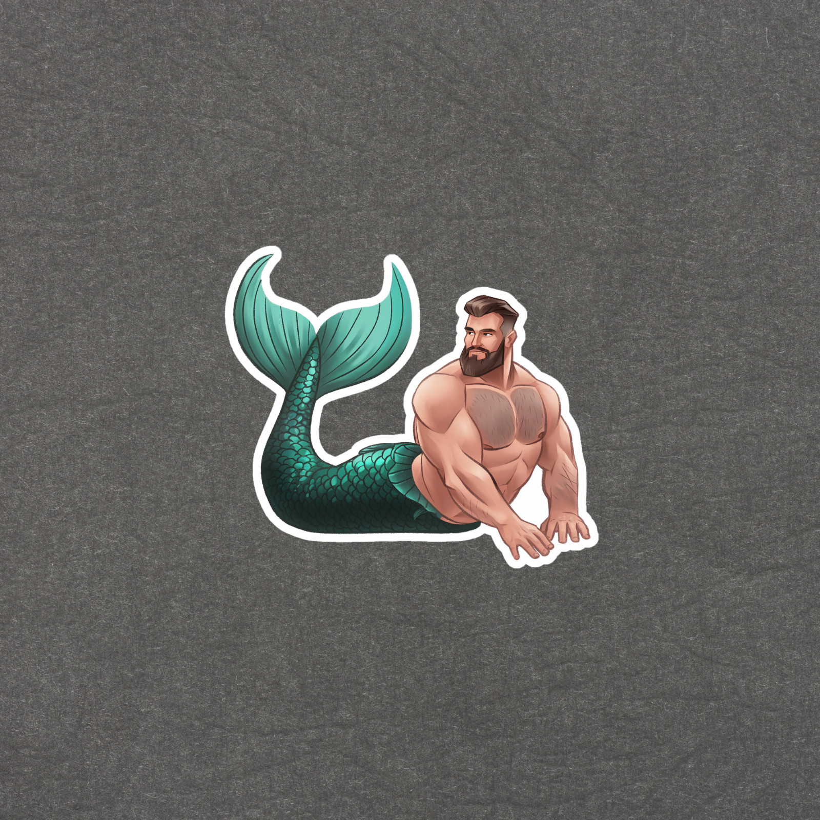 Masculine Merman Sticker: Shirtless Bearded Man with Green Fishtail Tattoo #4363