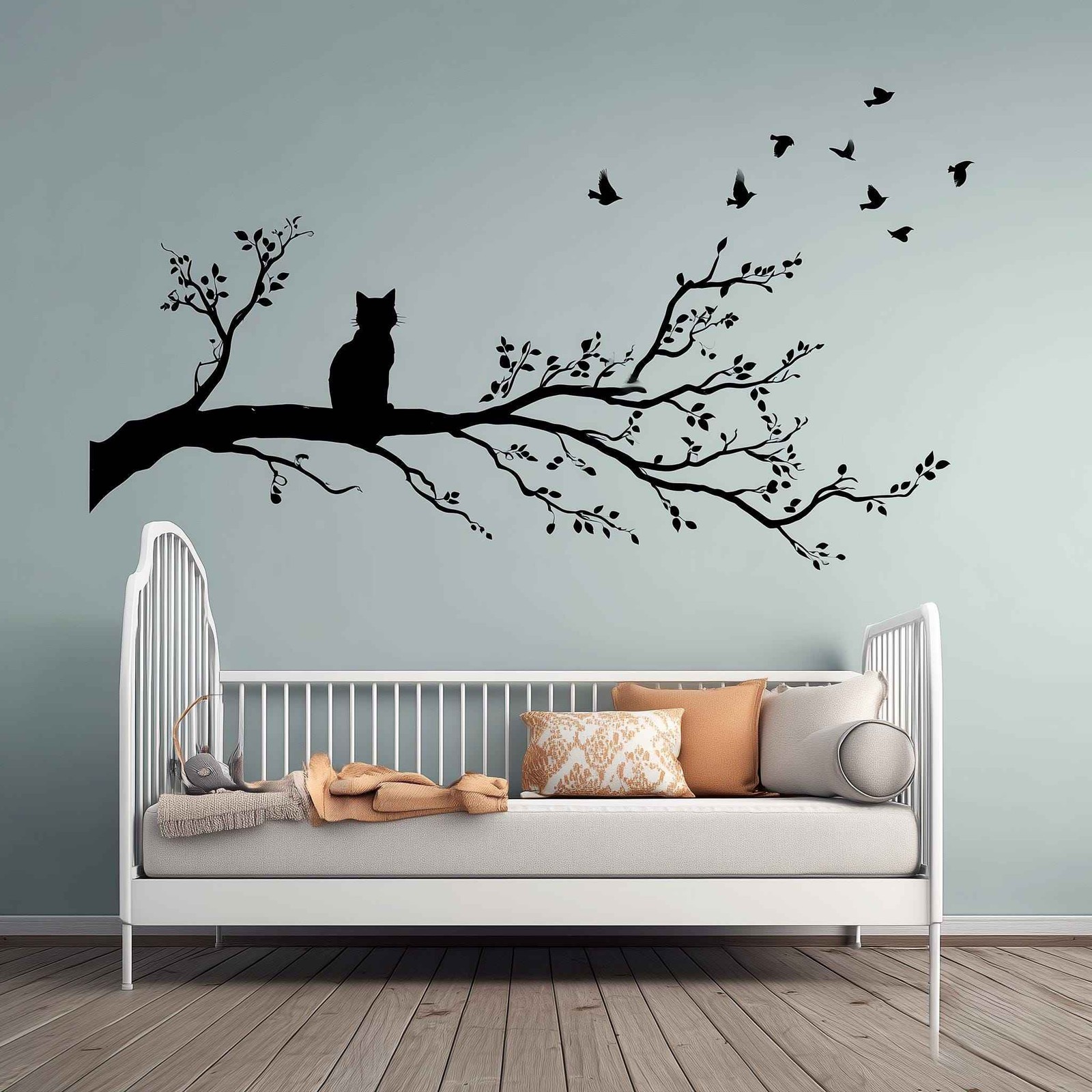 Cat on Tree Branch Wall Decal | Vinyl Cat and Birds Sticker