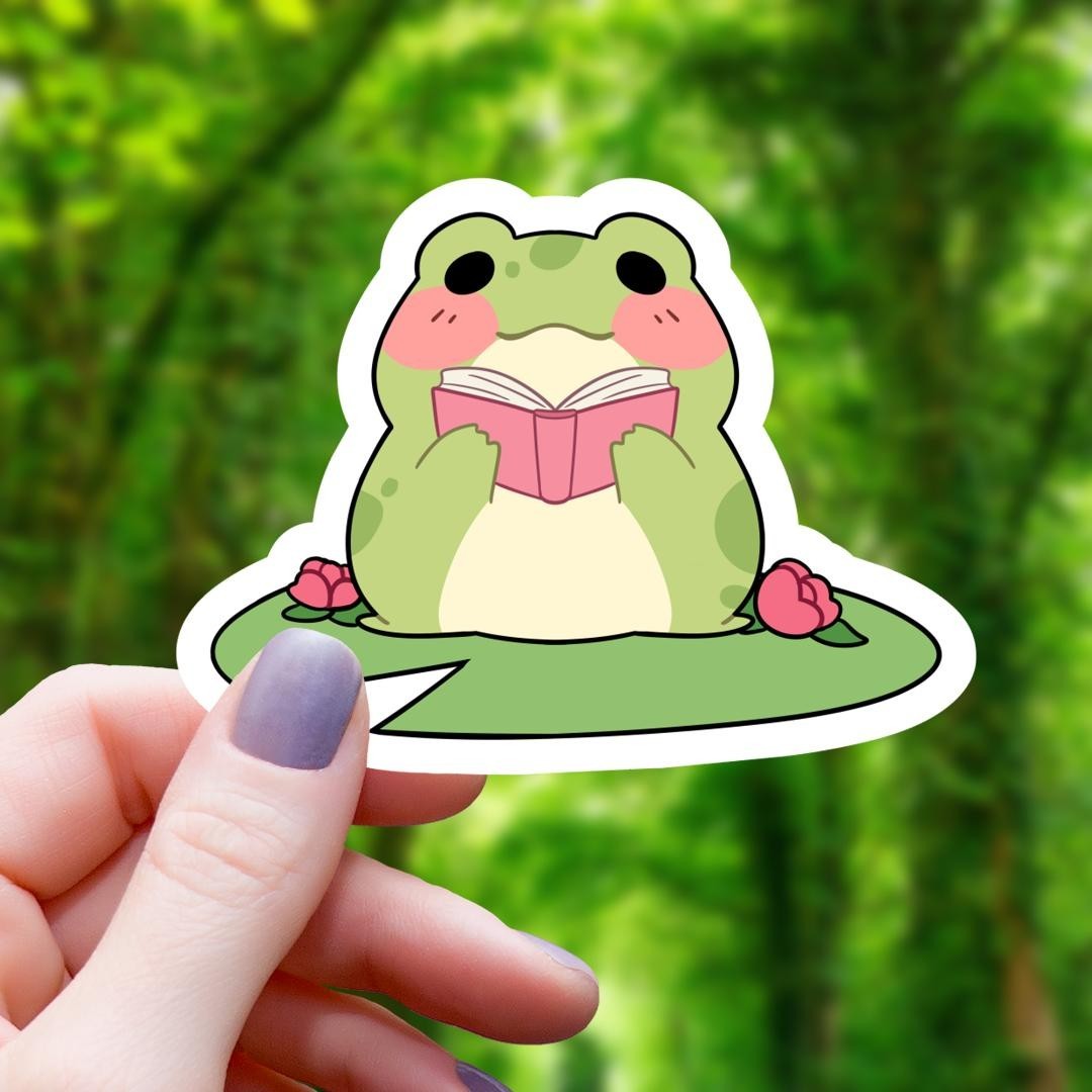 Cute Frog Reading Vinyl Sticker Book Lover Waterproof Laptop Water Bottle Decal
