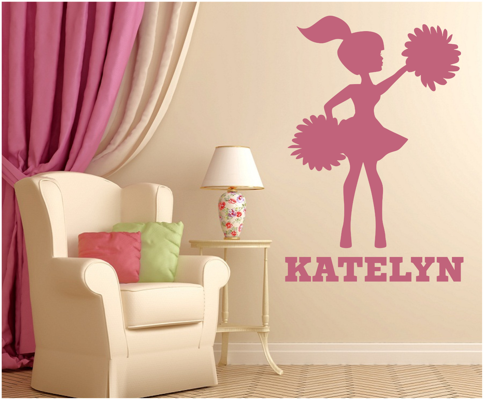 CHEERLEADER W/ NAME 22" TALL WALL VINYL DECAL YOUR CHOICE OF COLOR PERSONALIZED