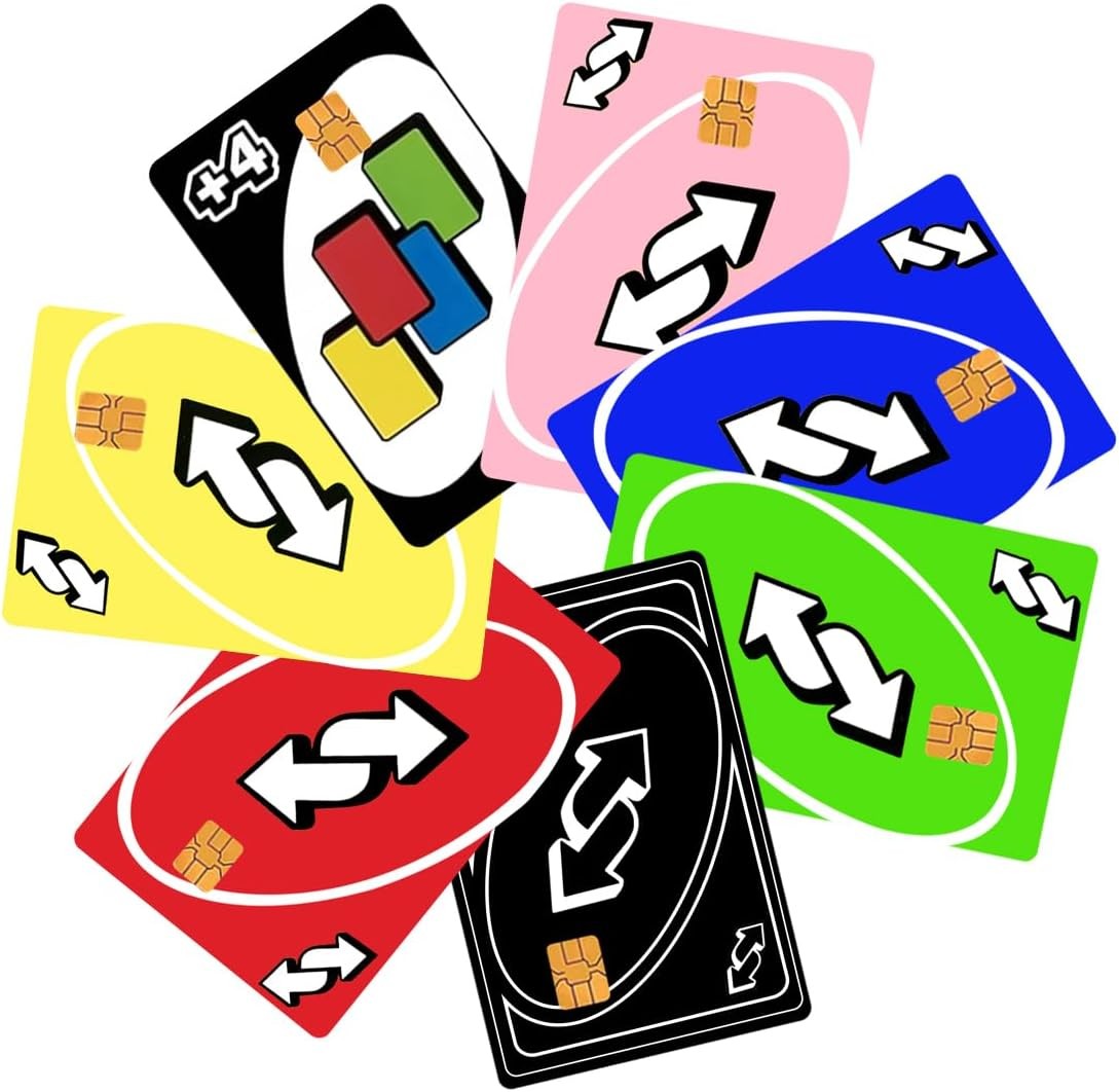 7-Pack UNO Card Credit Card Skin Stickers – Chip Cutout Only – Reverse, Skip, Wi
