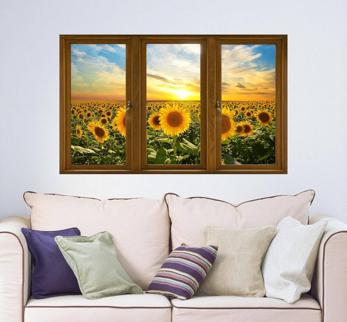 WindowScape Sunflower Field Sunset #2 3D Window Wall Decal Vinyl Wall Sticker