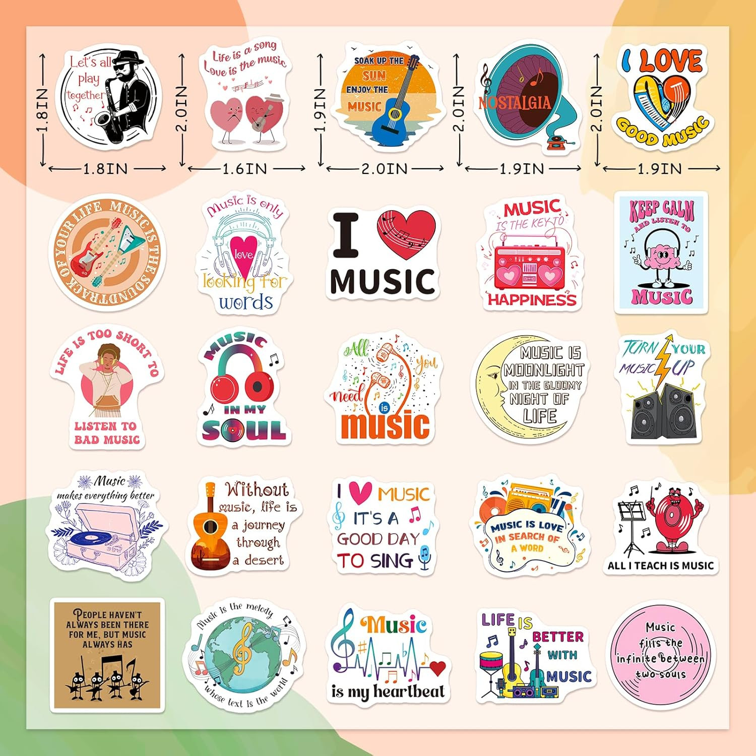 200 Music Motivational Stickers for Kids Teens Adults, Vinyl Sticker Pack