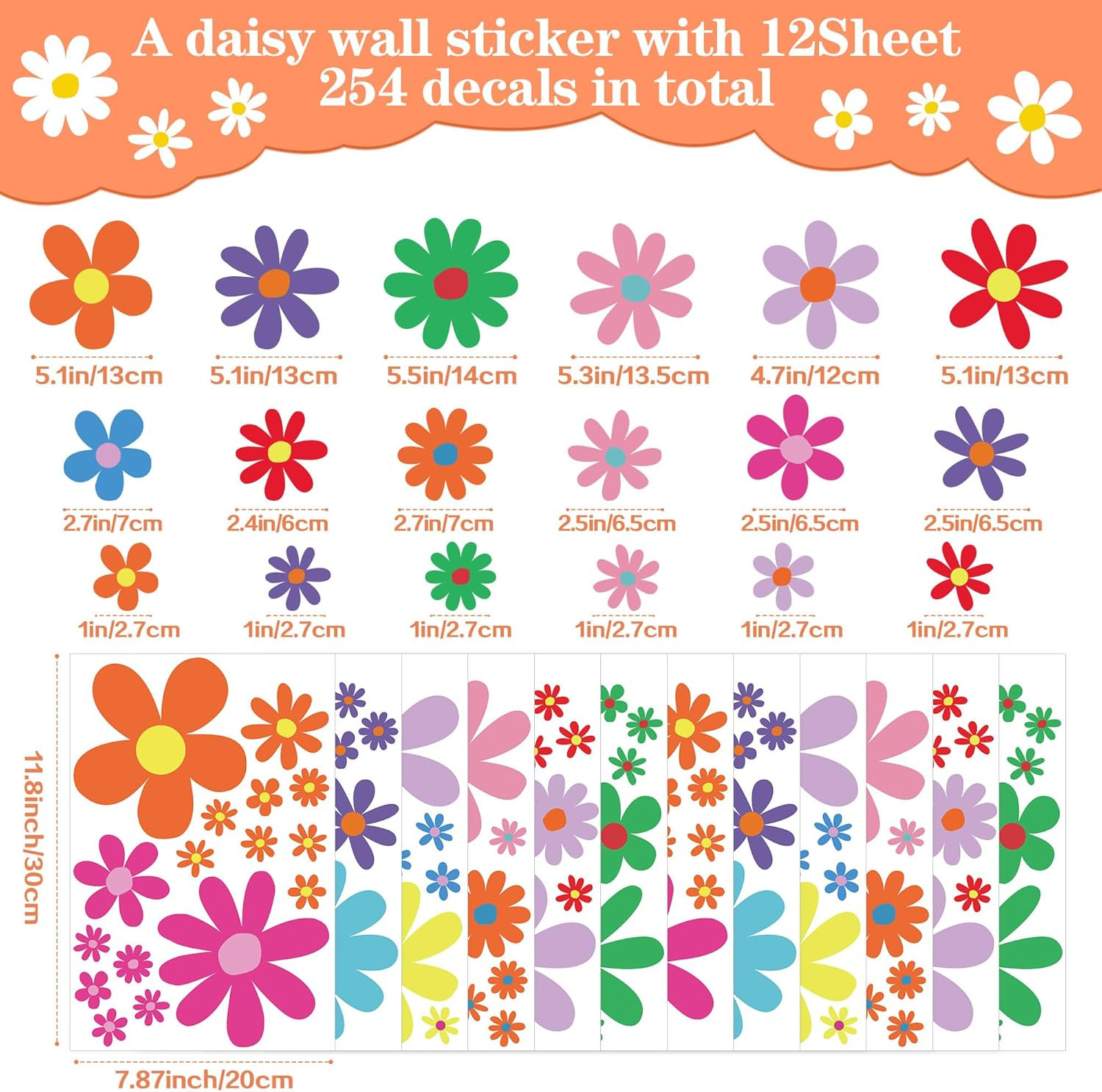 12 Sheets Daisy Wall Decals Boho Flower Stickers Cute Kids Girls Red