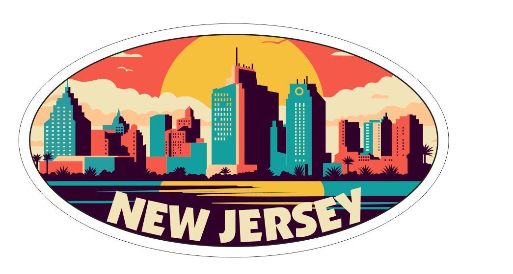 NJ New Jersey Oval Bumper Sticker or Helmet Sticker D7397
