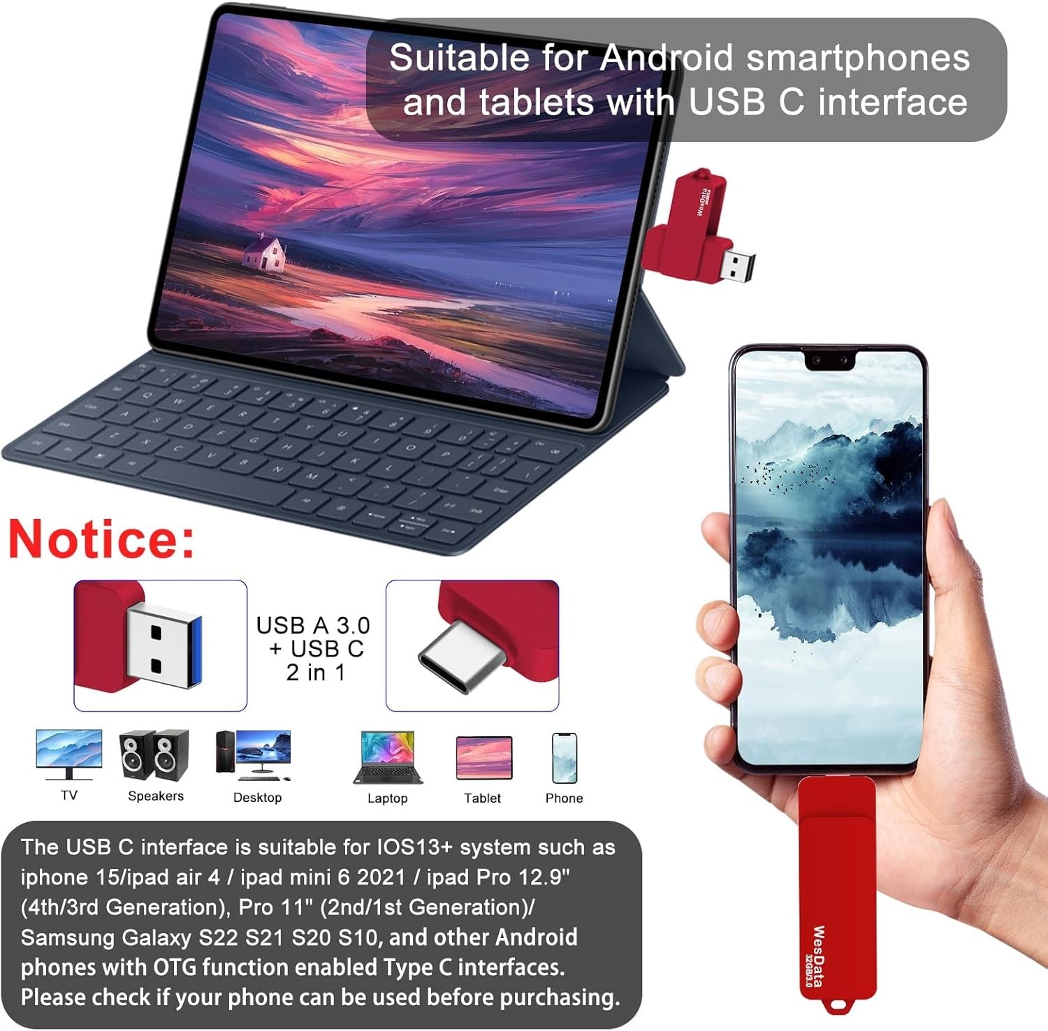 32GB 3.0 USB C Flash Drive with Type C and A Port, C 3.0, Red