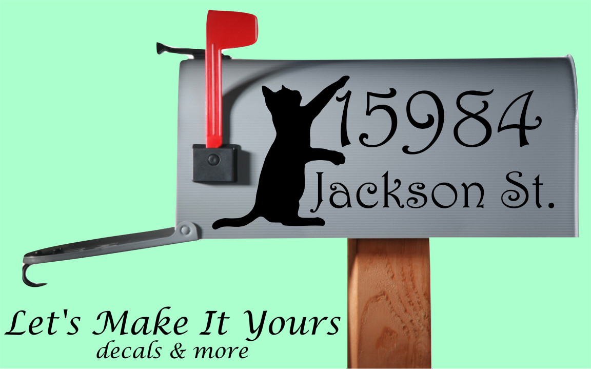 Kitty Cat Custom Mailbox Decal name Street Address Door Numbers Both Sides Set