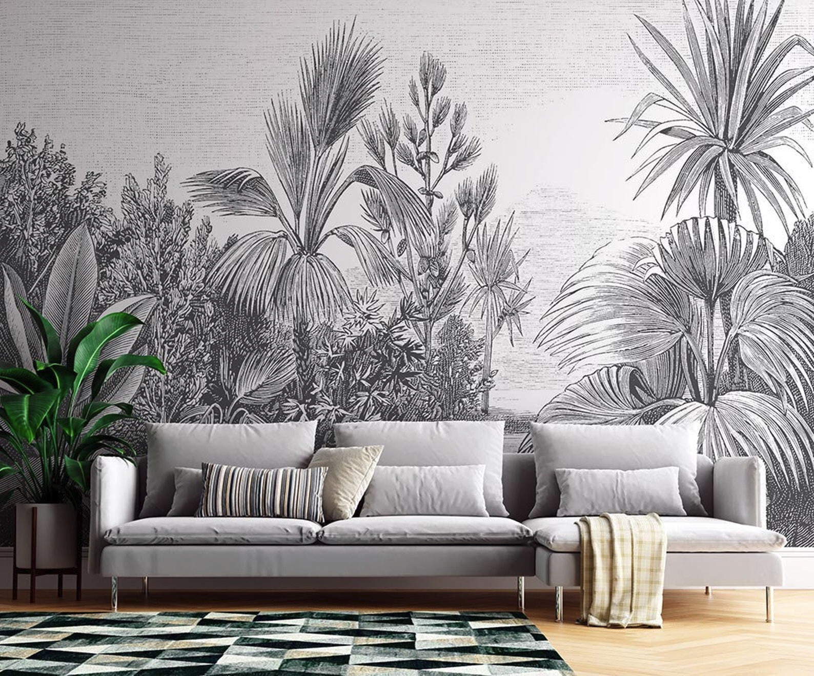 Wall Mural Decal Tropical Wallpaper, Forest Trees Decal. Gray Palette