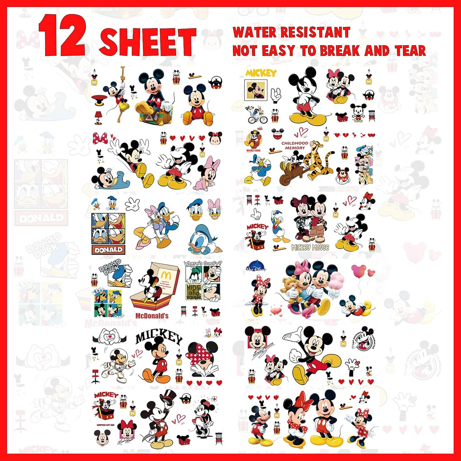UV DTF Cup Wrap Transfer Stickers for Glass, 12 Sheets Cartoon Rub on Transfers