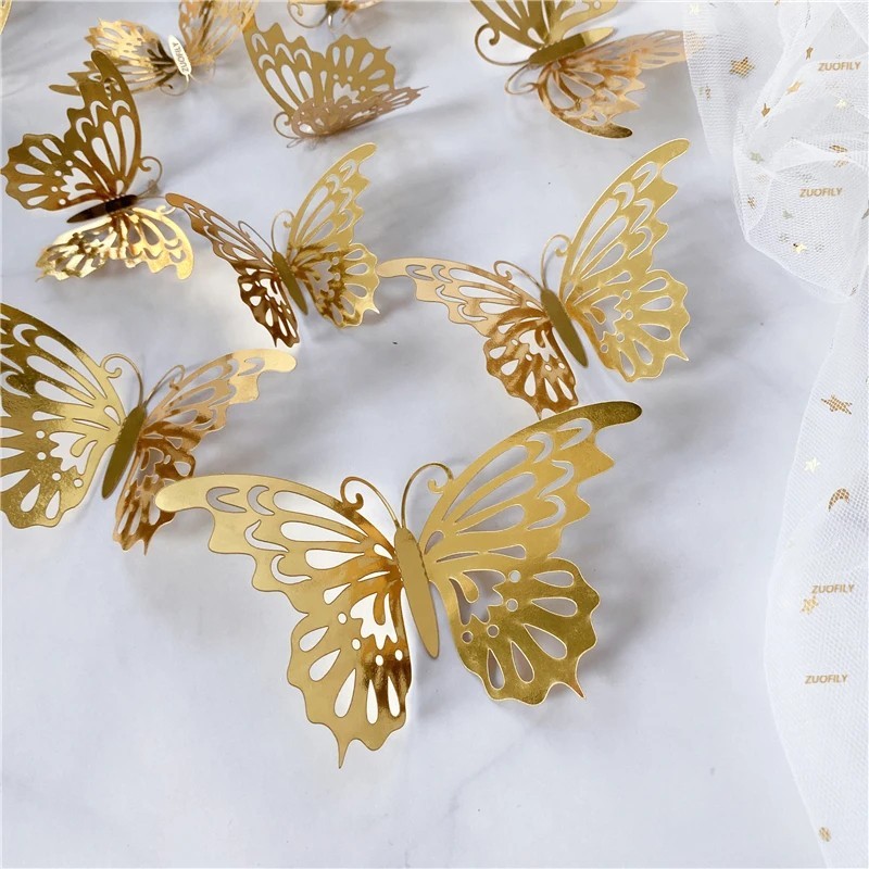 Living Room Home Decor 3D Butterfly Wall Decal Stickers 12Pcs/Set Gold Silver