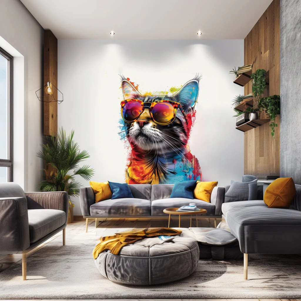 Colorful Maine Coon Cat Wall Sticker with Sunglasses – Modern Kittent Art Decal