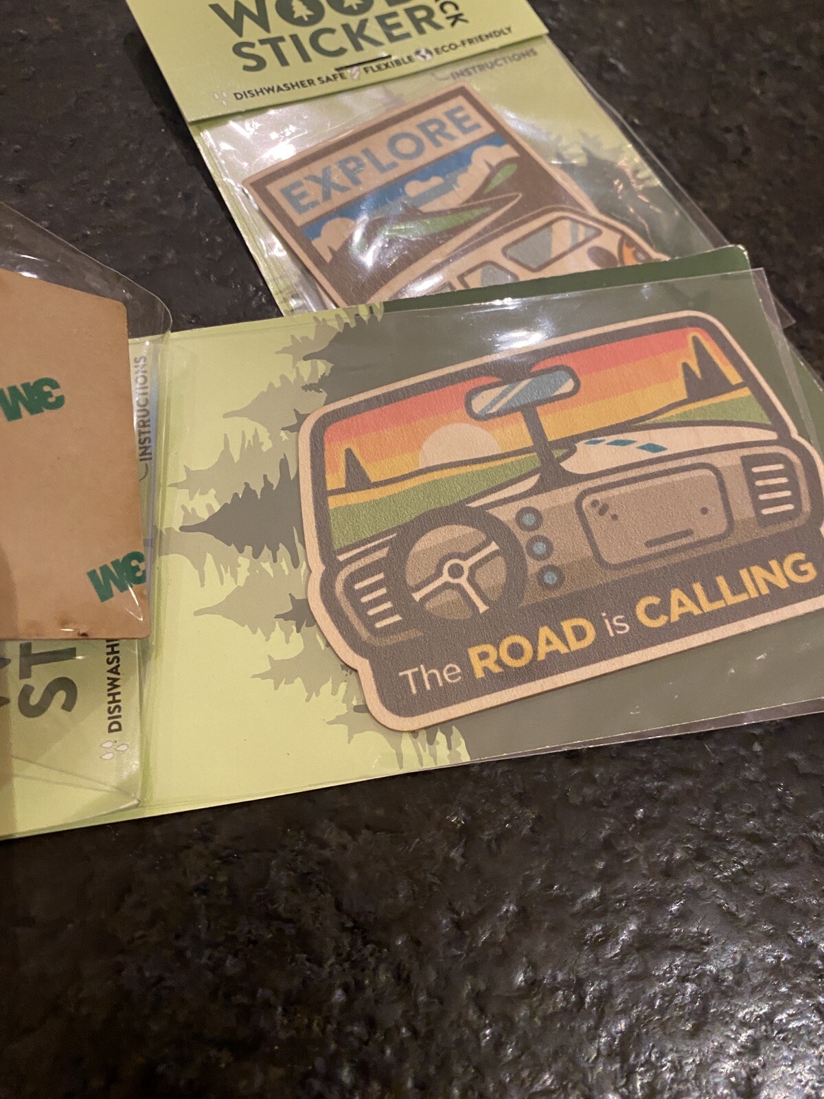 Sustainably Sourced Wood Sticker 2-Pack Retro Bus The Road Is Call 3M Decal USA