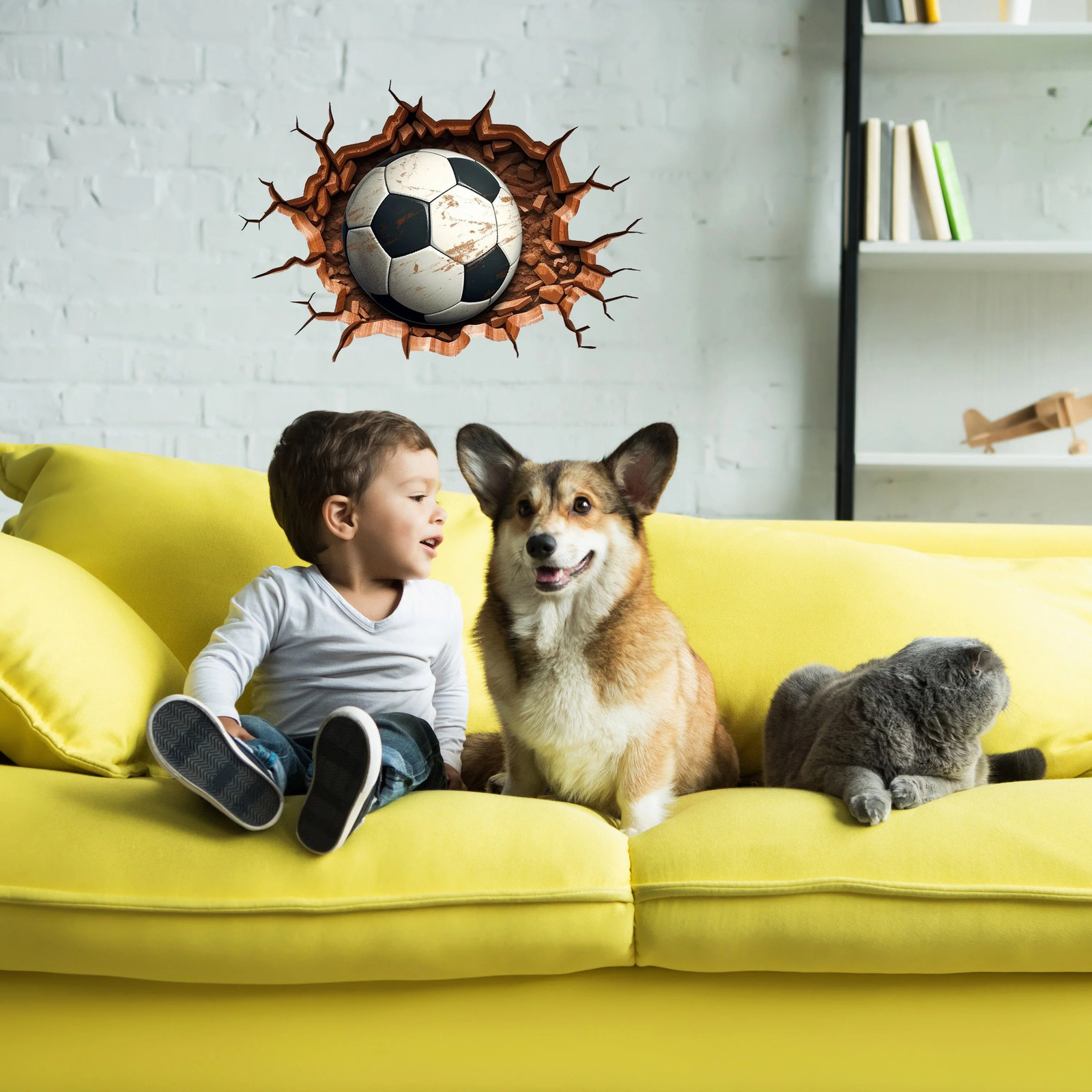 3D Football Wall Decal – Boys Room Breakthrough Sticker – Sporty Soccer Art –