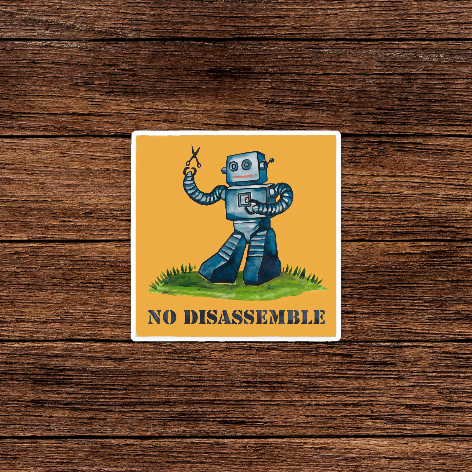 Quirky Robot Sticker: No Disassemble, Retro Sci-Fi Art, Laptop Decal, Geek #260