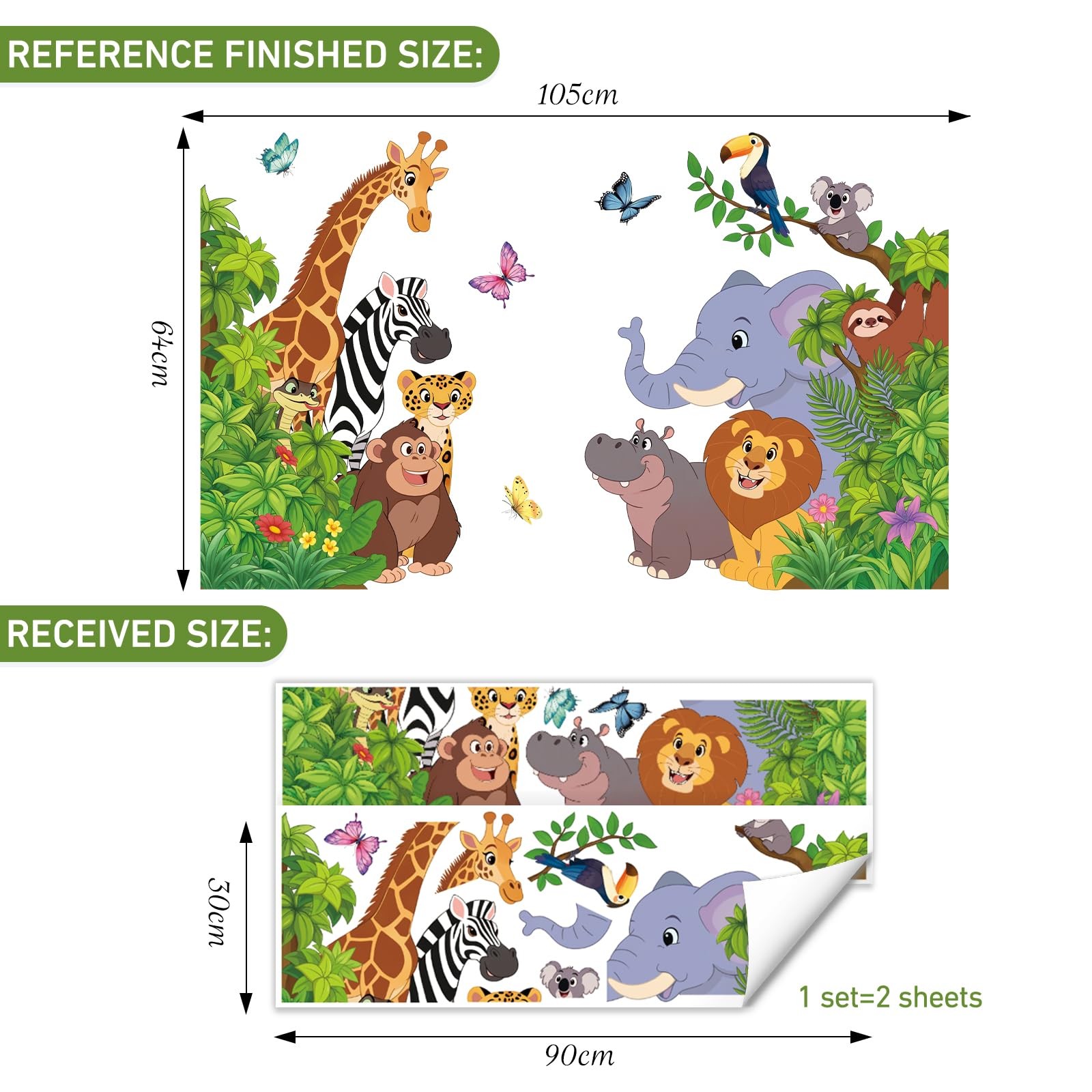 Cartoon Jungle Animal Wall Sticker Peel and Stick, Vinyl Safari Wall Decal, E…