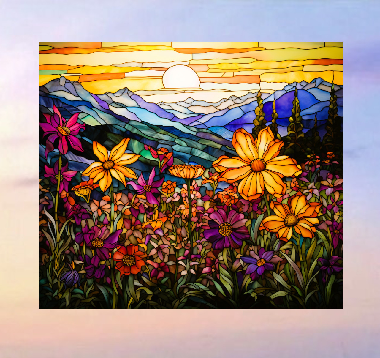Wildflowers, Mountains & Sunset Faux Stained-Glass WINDOW CLING Size 9.1" Vinyl