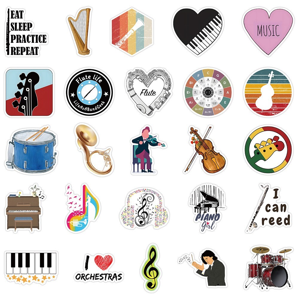 100pcs MUSIC INSTRUMENT Stickers,ORCHESTRA Flute Bassoon Reed Piano Violin, 237