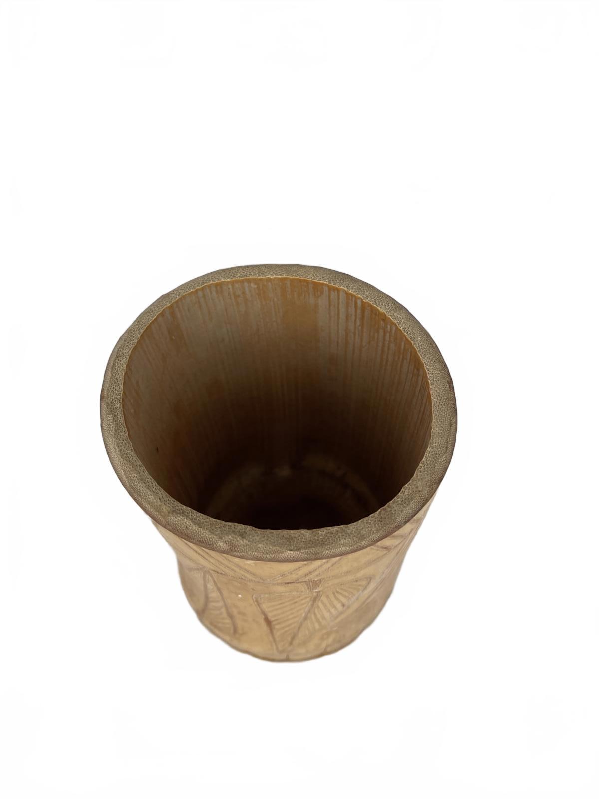 Handcrafted Vintage Hand Carved Bamboo Tiki Cup Vase Etched with Nature Designs