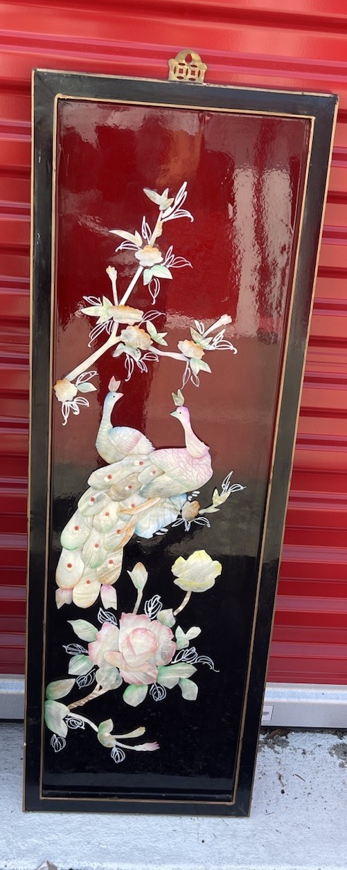 Set of 4 Vintage Mother of Pearl Horse Panels Dark Red Lacquer Asian Wall Art
