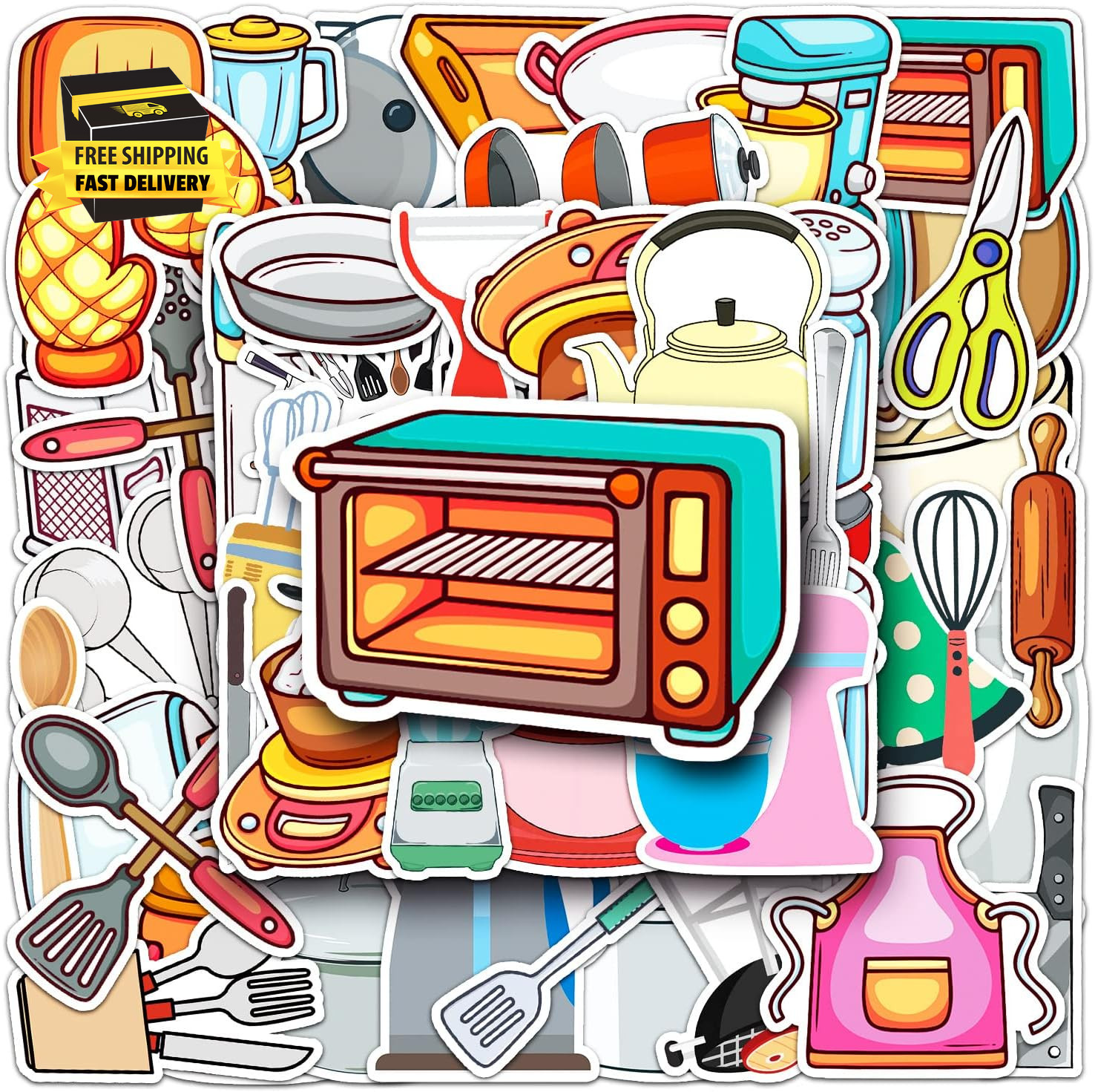 50Pcs Daily Kitchen Utensil Stickers for Water Bottle,Waterproof Viny Stickers f