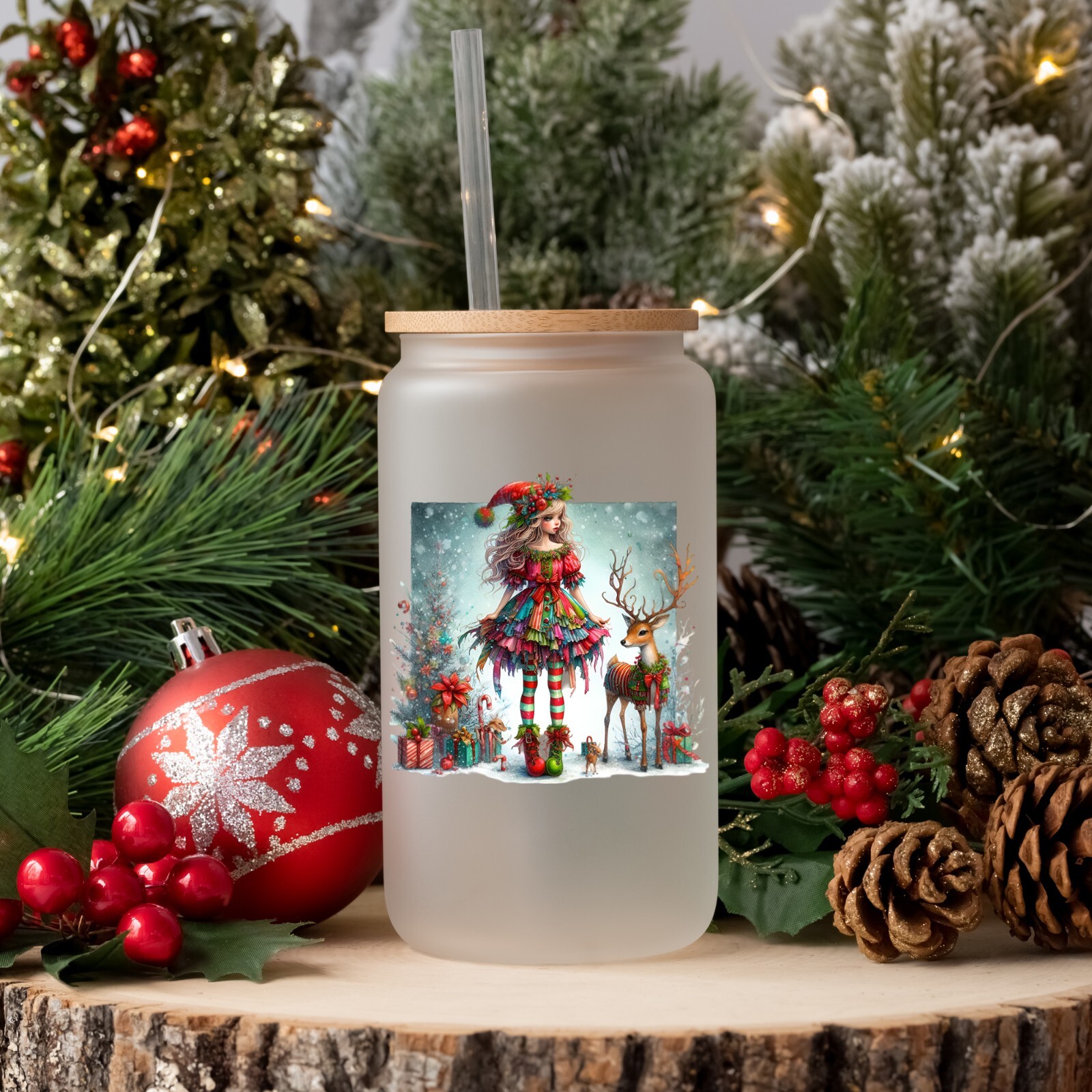 Christmas Girl Elf and Reindeer Five UV DTF Transparent Sticker / Decal