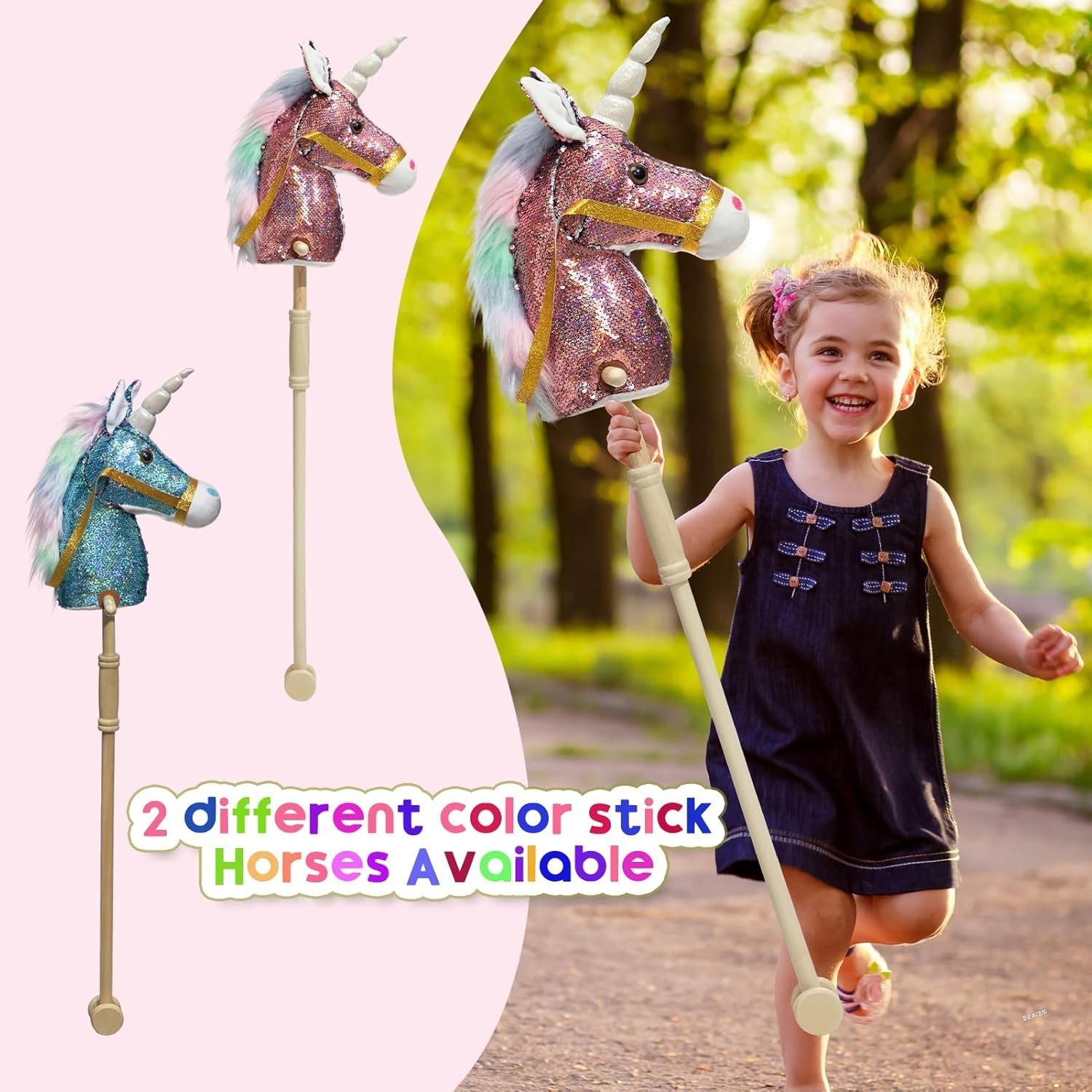 Sequin Unicorn Stick Horse Handcrafted Hobby Horse on a Stick with Wood Wheels R