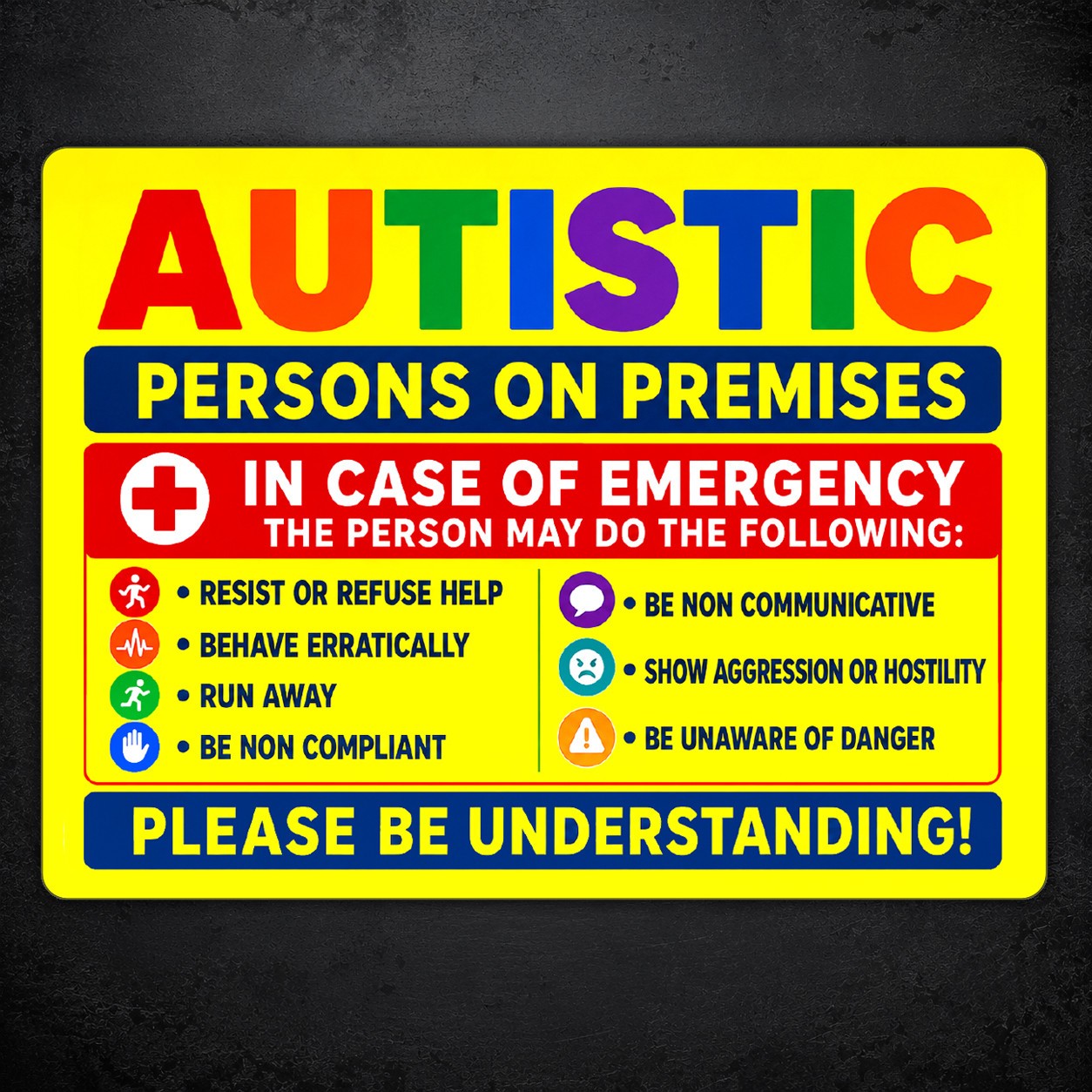 Autistic Awareness Sticker Person on Premises Emergency Vinyl Support Decal 7×5