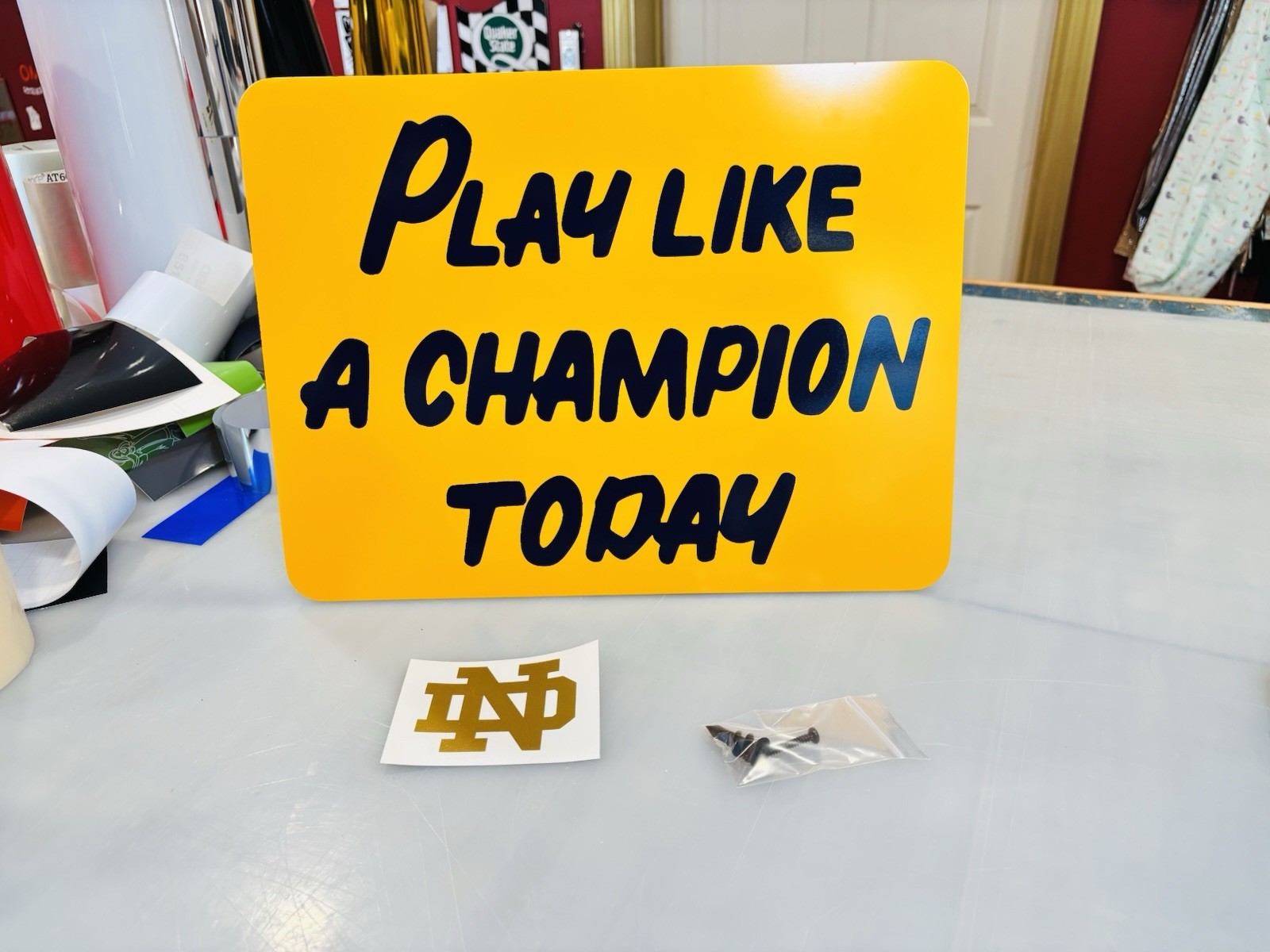 Notre Dame Script "Irish" Die Cut Vinyl Decal Play Like A Champion Golden Domer