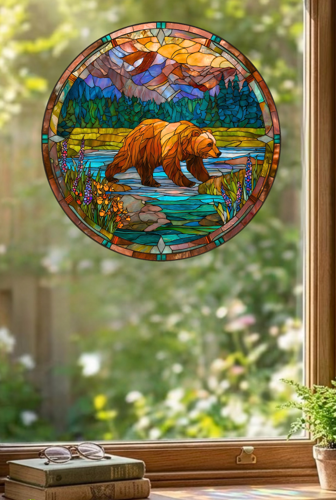 Bear Faux Stained-Glass WINDOW CLING Sun-catcher Size 8"