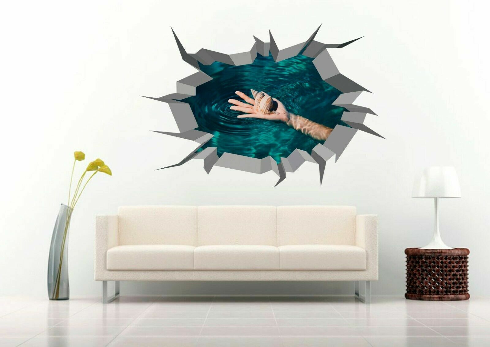 Marine Shell In Hand 3D Crack Hole Wall Decal Vinyl Sticker Mural Art Decor
