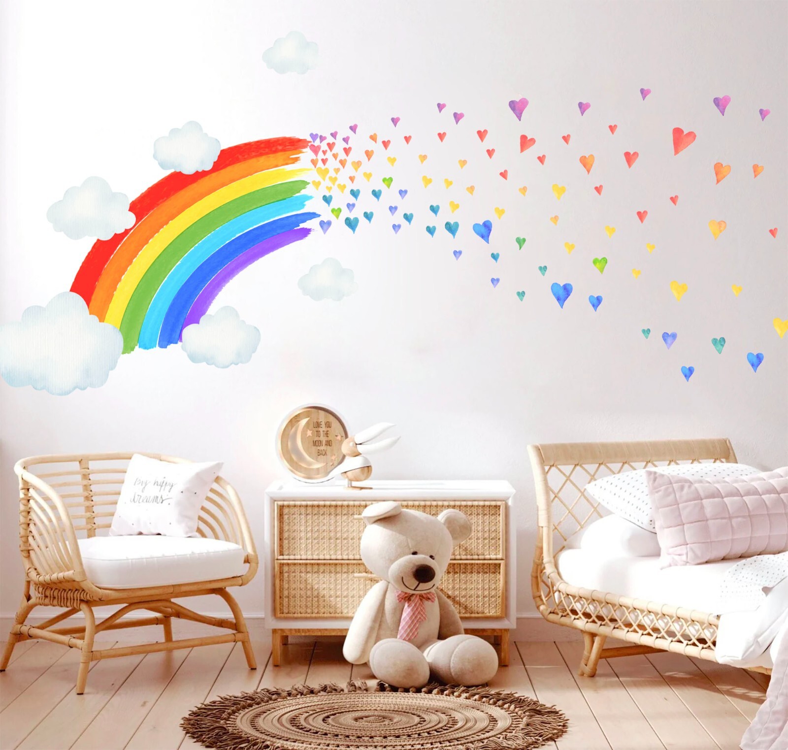 Watercolor Rainbow Colorful Hearts Removable Wall Fabric Decal Set Sticker