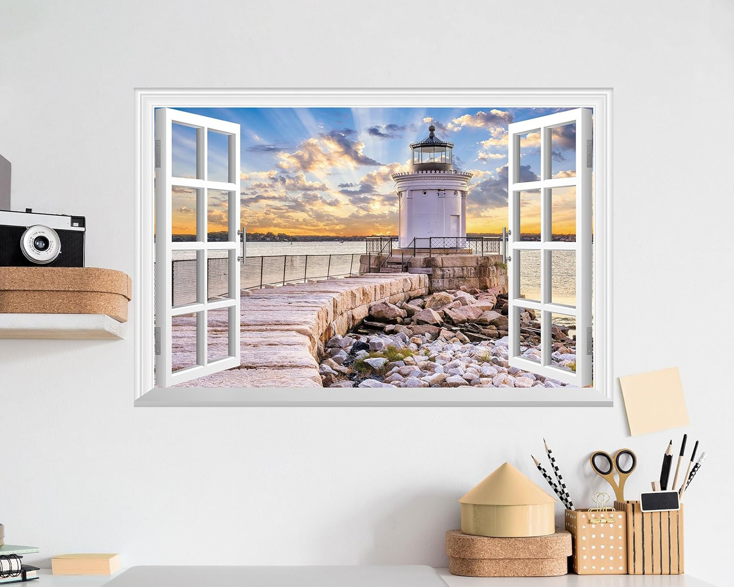 Fake Window Wall Sticker – Shoreline Lighthouse Faux Window Wall Mural for Wall